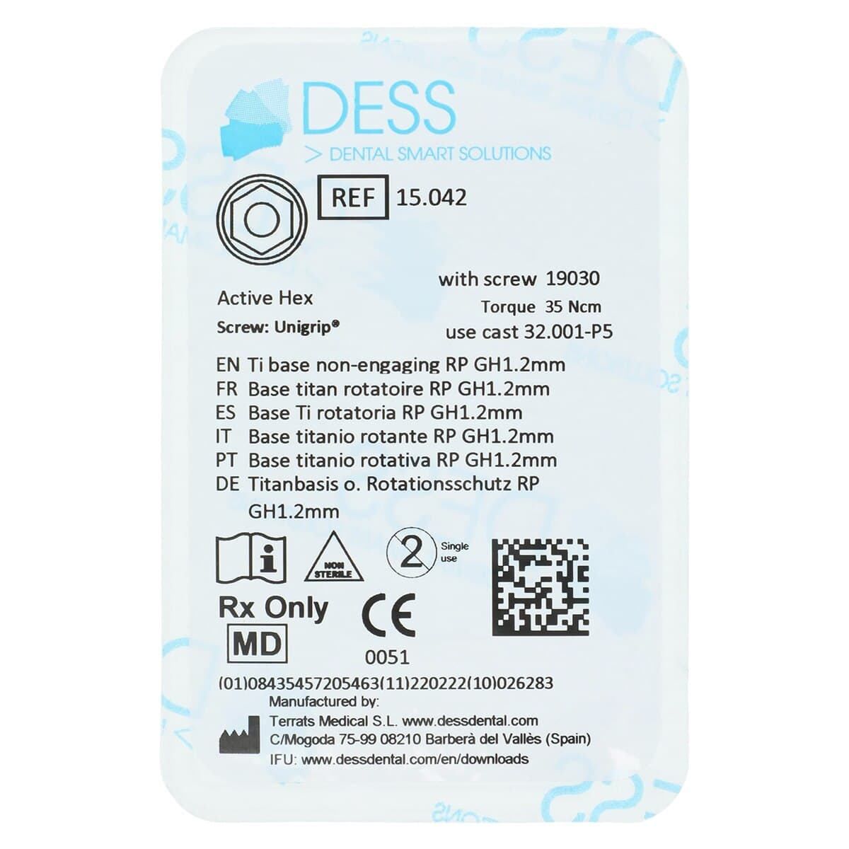 DESS TiBase Non-Engaging Titanium Base for Nobel Active, RP, 1.5mm Gingival Height, Hex, Each - TiBase NEng NBCC RP 1.5mm - Image 1