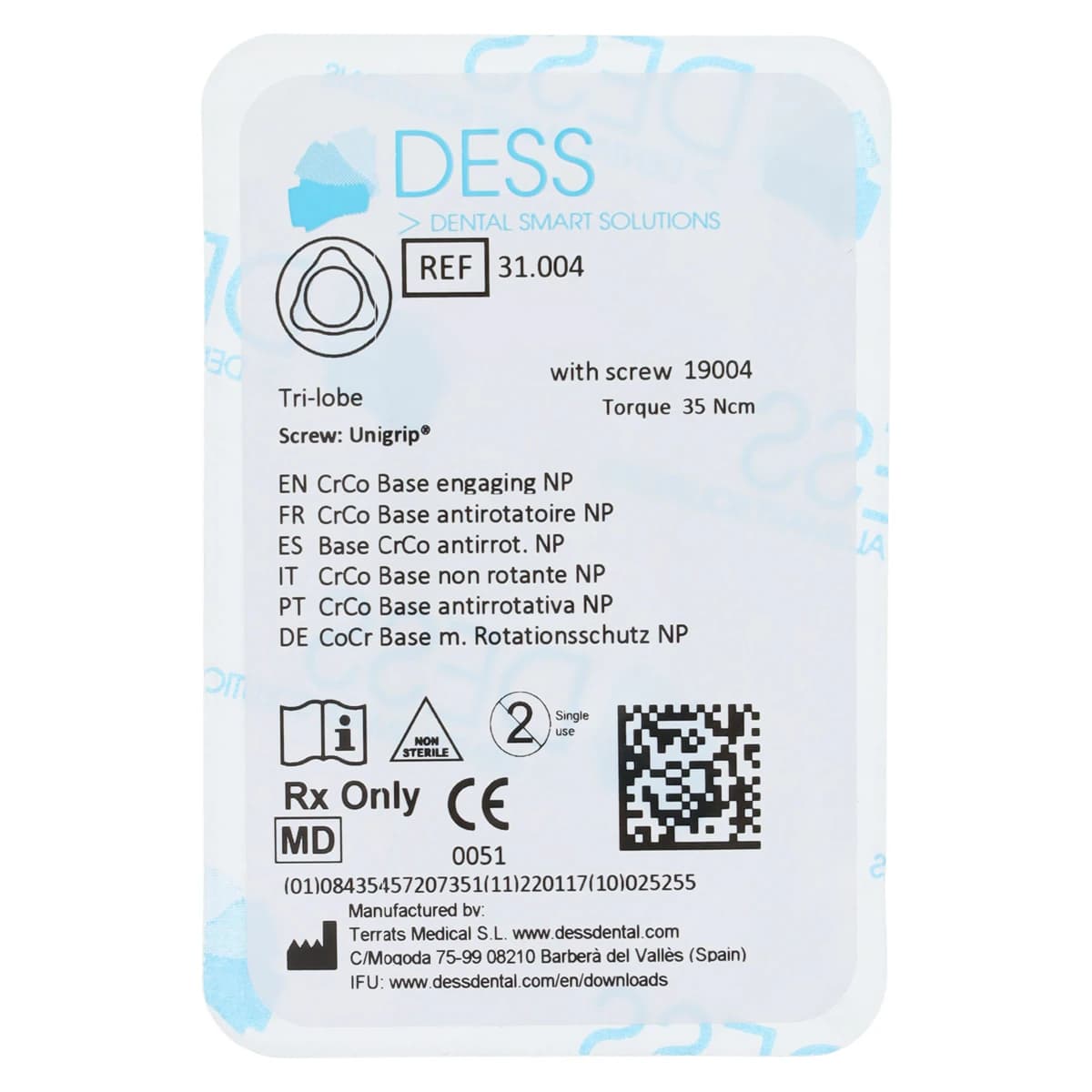 DESS Chrome Cobalt Engaging Base for Nobel Replace NP, with Trilobe Screw, 3.5mm, Each - CrCo Base Eng NBRpl NP - Image 1