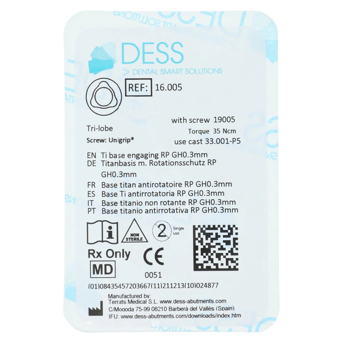 Dess TiBase Engaging Titanium Base for Nobel Replace, 4.3mm, 0.5mm, Each - TiBase Eng NBRpl RP 0.5mm - Image 1