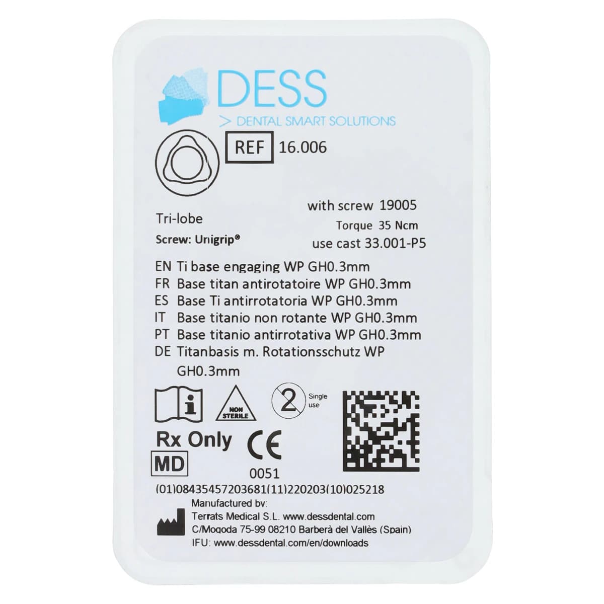 Dess TiBase Engaging Titanium Base for Nobel Replace 5.0, 0.5mm, Each - TiBase Eng NBRpl WP 0.5mm - Image 1
