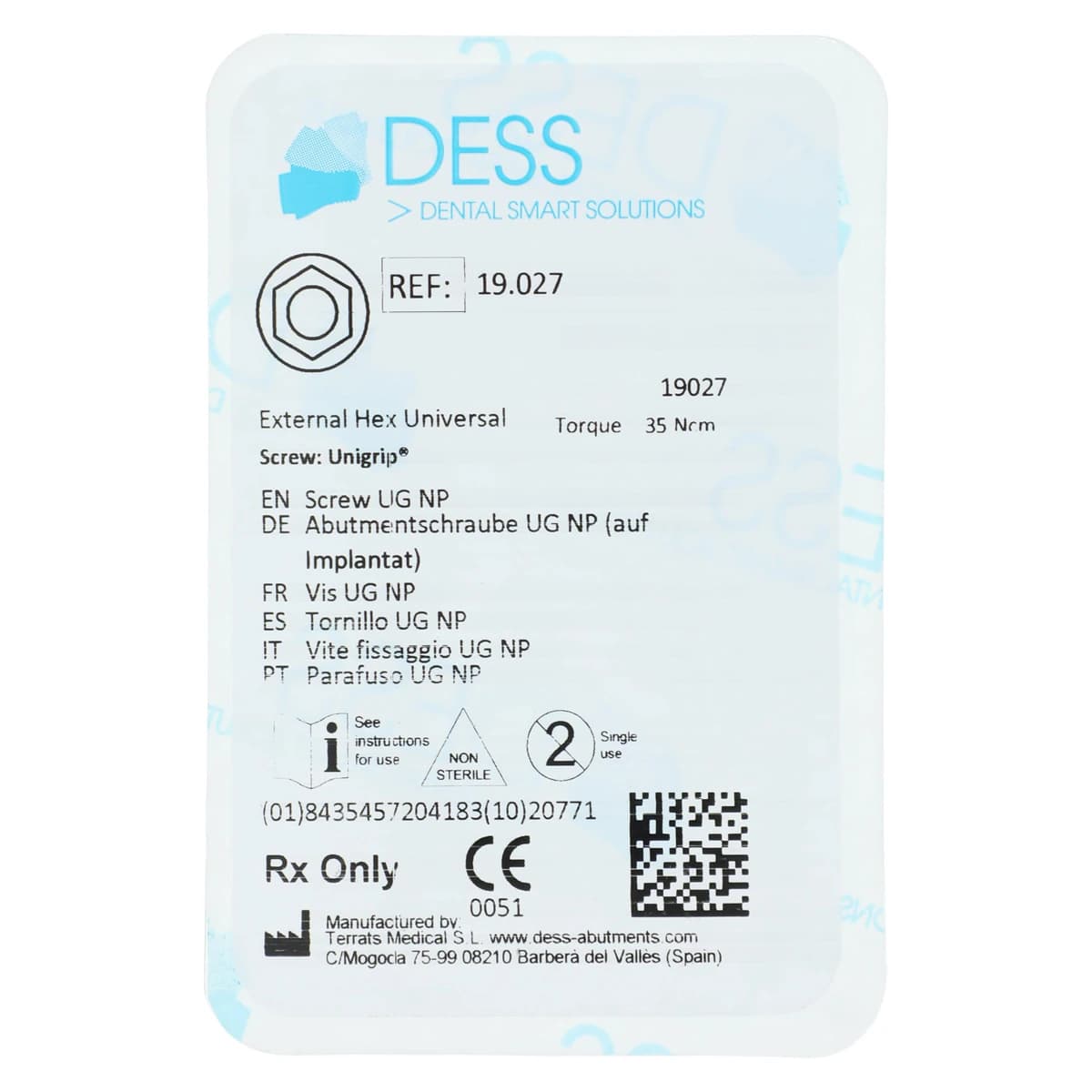 DESS Screw UG NP on Implant - External Hex Universal/Active Hex, Final Screw 3.5, Each - Screw Abt NBBrnk 3.3 NP UG - Image 1