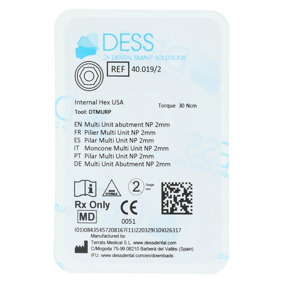 DESS Multiunit Abutment, Straight, Zimmer Internal Hex, 3.5mm Platform, 2mm Gingival Height, Each - MUA Zimmer 3.5 2mm - Image 1
