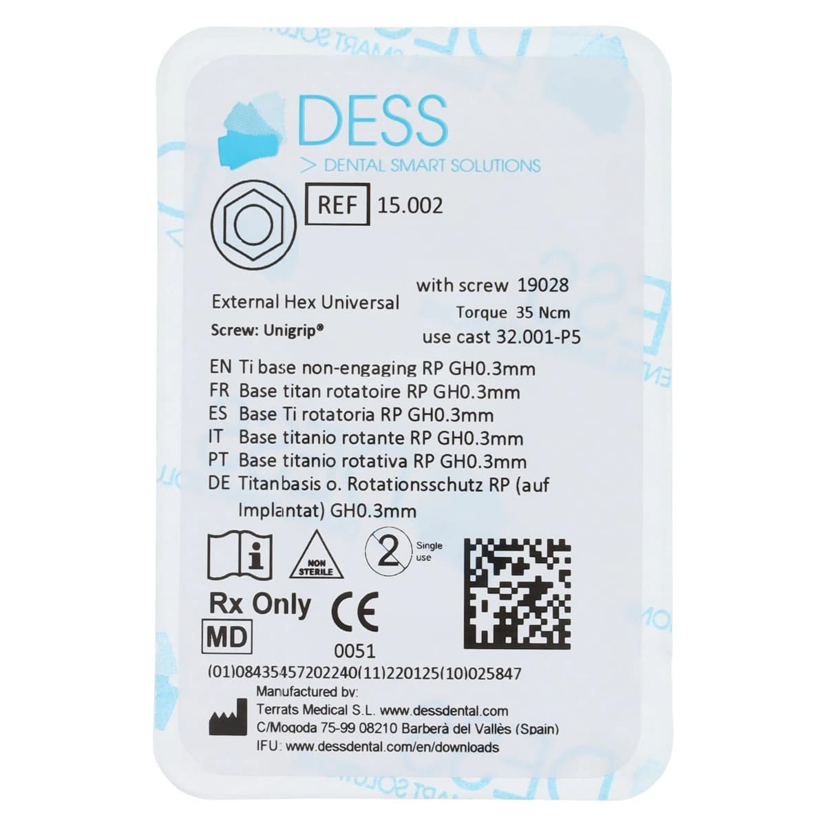 DESS TiBase Non-Engaging Titanium Base, RP 0.3mm, External Hex Universal, for Nobel Biocare Branemark, 1 Each - TiBase NEng NBBrnk RP 0.3mm - Image 1