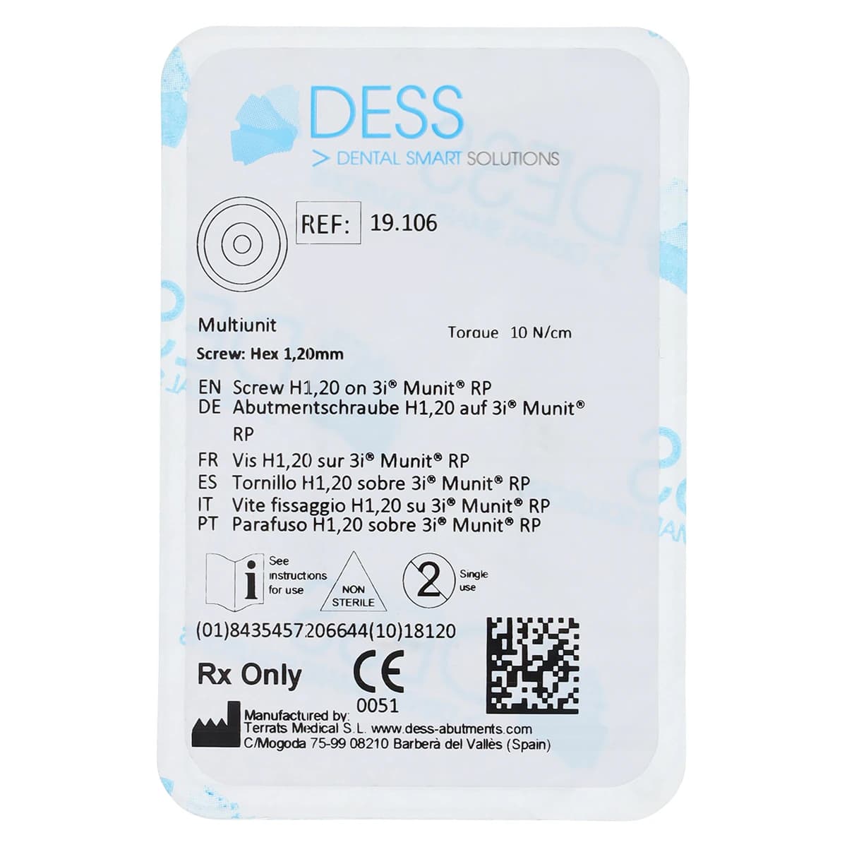 DESS Final Screw for 3i Multi-Unit Abutment, Low Profile, Hex 1.20mm, RP, Each - Screw Abt 3i MUA RP 1.20 - Image 1