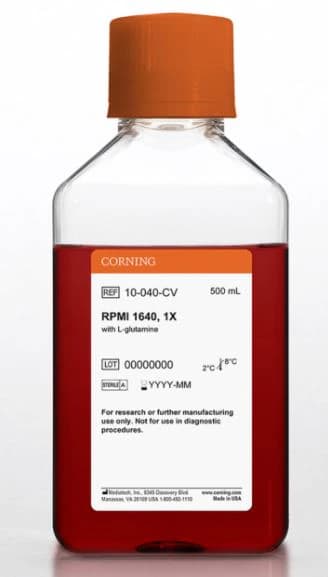 Mediatech RPMI 1640 Cell Culture Media with L-Glutamine, 500 mL Bottle, 6/Case - Media RPMI 1640 w/L-glutamine - Image 1