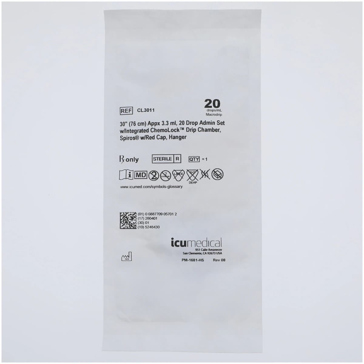 ICU Medical ChemoLock Administration Set, 20 Drops/mL, Priming Volume 3.3 mL, Integrated Red with Hanger, 50/Case thumbnail 2