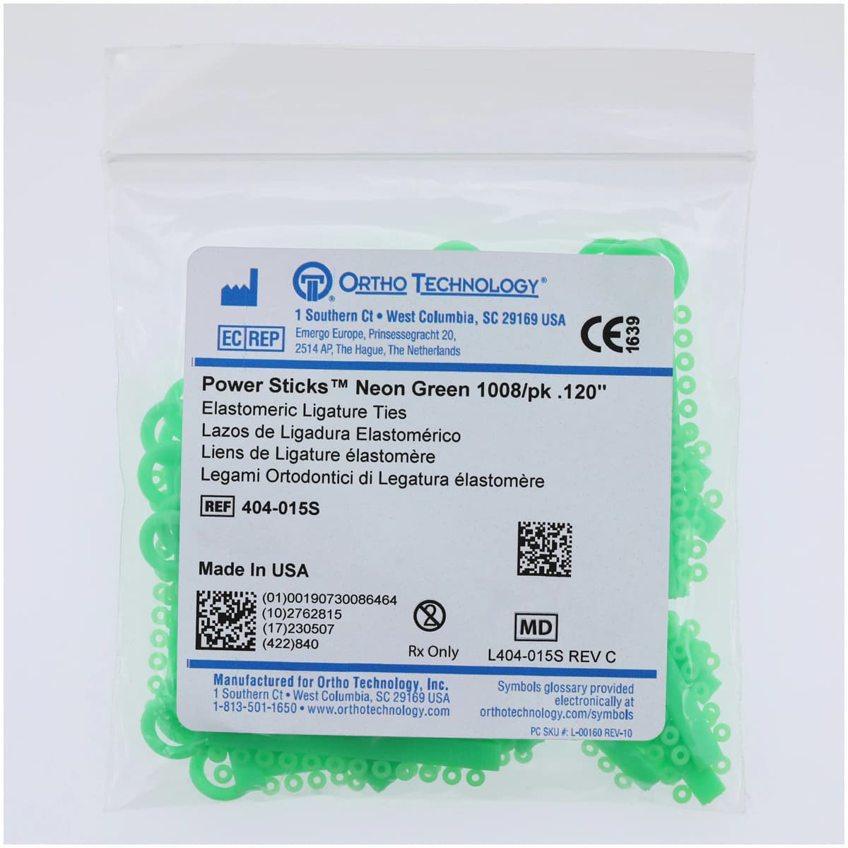 Ortho Technology Power Sticks Ligature Ties, Elastomeric, 0.120", Latex-Free, Neon Green, 42 Sticks of 24 Ties thumbnail 2