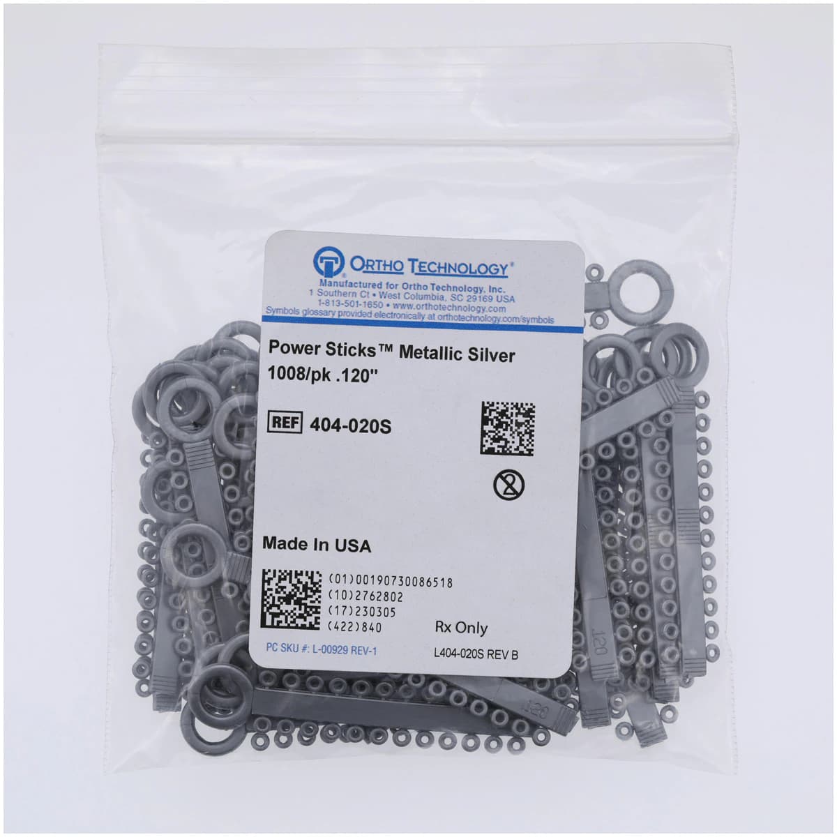 Ortho Technology Power Sticks Elastomeric Ligatures, 0.120", Metallic Silver, 1000/Pkg, 404-020S thumbnail 2