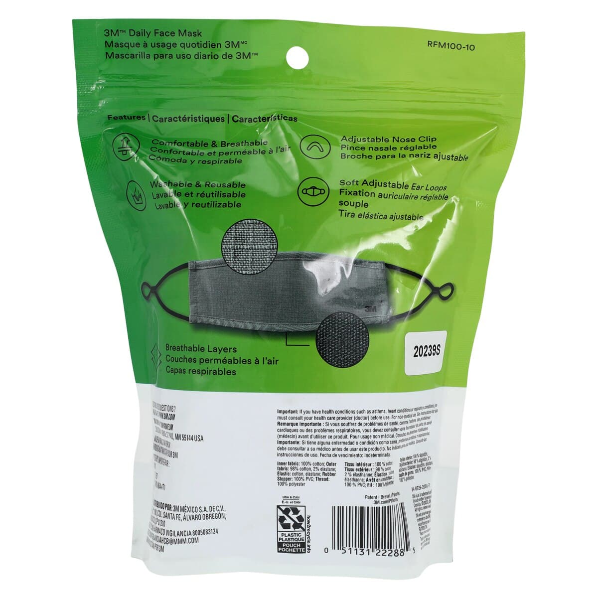 3M Reusable Face Mask, Adult, Gray, 10/Pack thumbnail 5