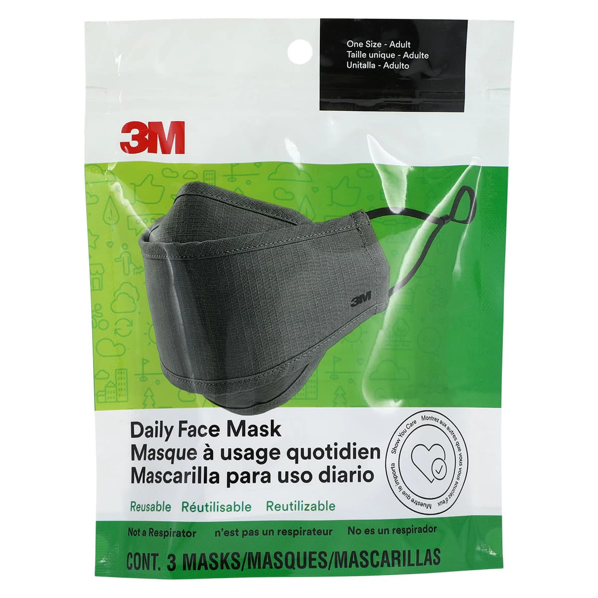 3M Everyday Face Mask, Reusable, Adult, Gray, 3/Pack - 3M Everyday Face Mask Reusabl - Image 1