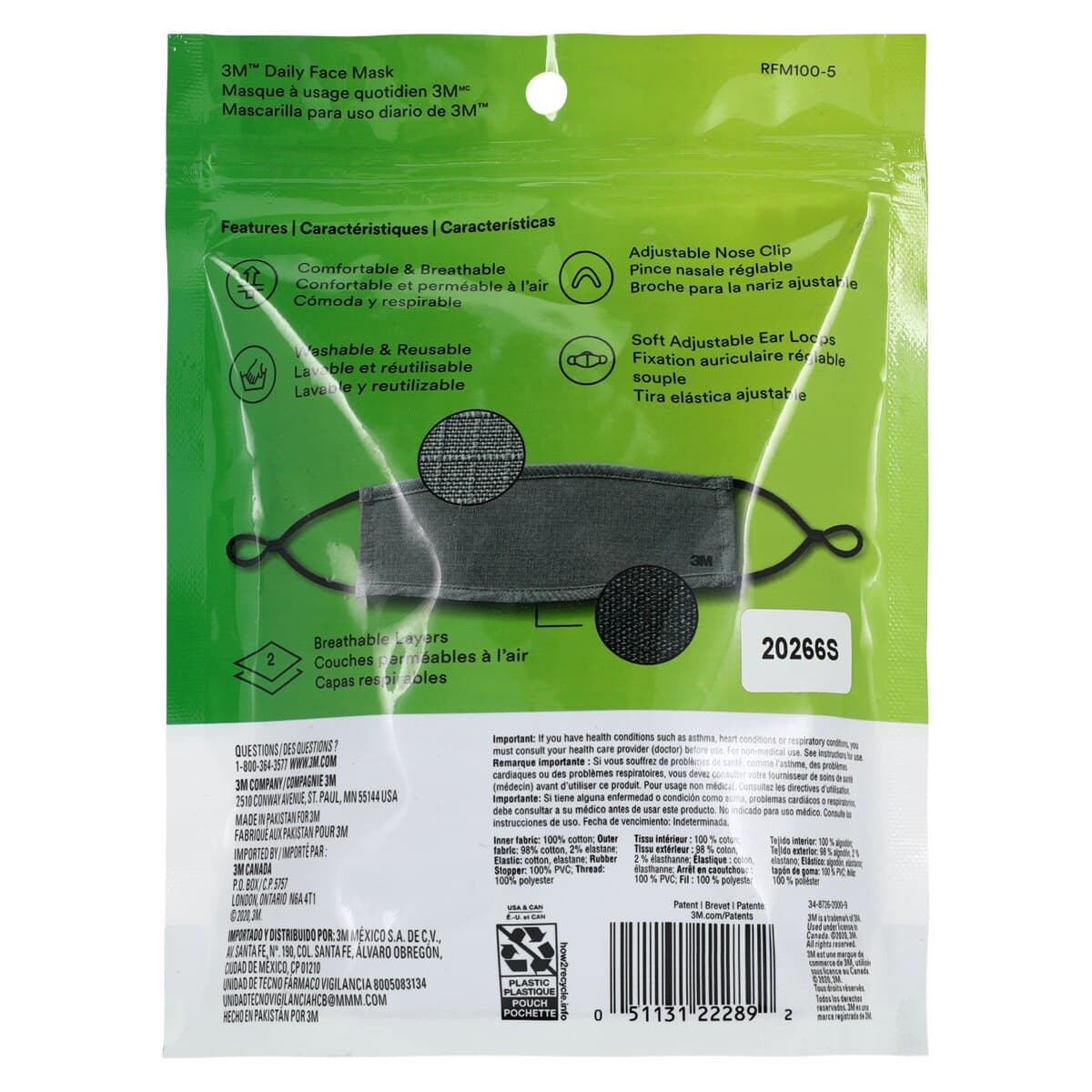 3M Reusable Face Mask, Adult, Gray, 5/Package thumbnail 5