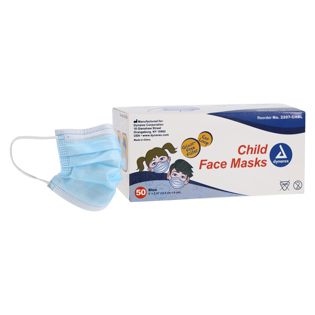 Dynarex Child Face Masks with Ear Loop, Blue, Disposable, Latex Free, 50/Box, L1 - Child Face Masks w/Ear Loop L1 - Image 1