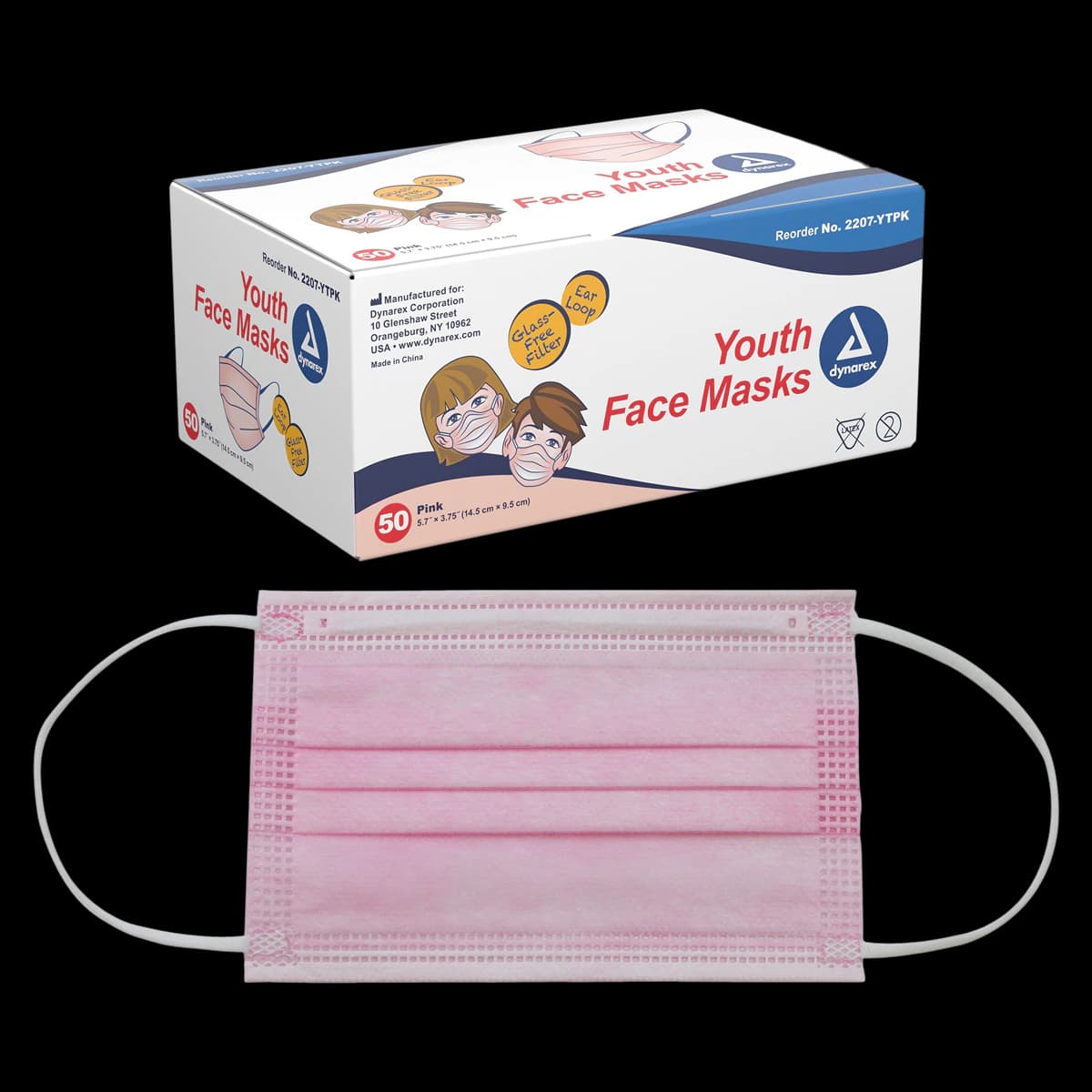 Dynarex Youth Face Masks, EarLoop, Pink, Latex Free, Disposable, 50/Box, L1 thumbnail 2