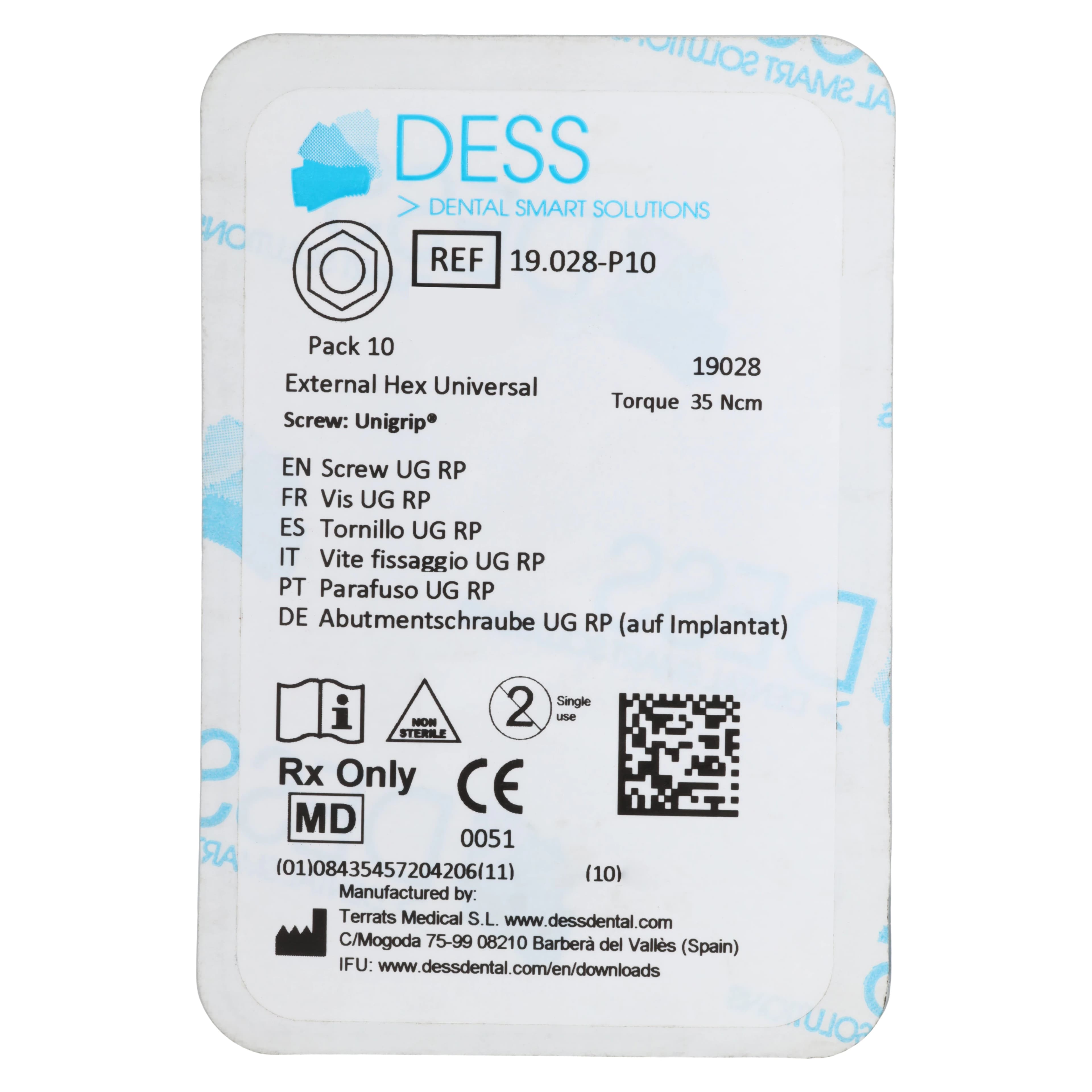 DESS Screw UG RP on Implant External Hex Universal, 10-Pack (Nobel Unigrip/Star Driver, 35 Ncm) thumbnail 2