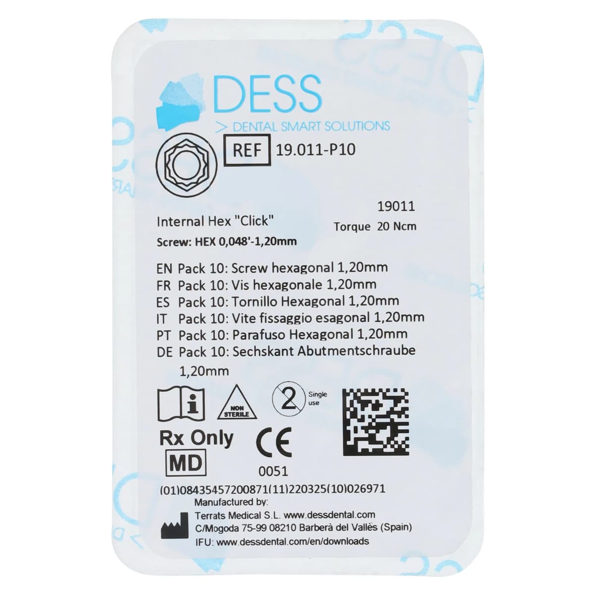 Dess Final Screw H1.20 Internal Hex, Compatible with 3i Certain (3.4/4.1/5.0), 10/Pack - Screw H1.20 Internal Hex Click Pack of 10 - Image 1