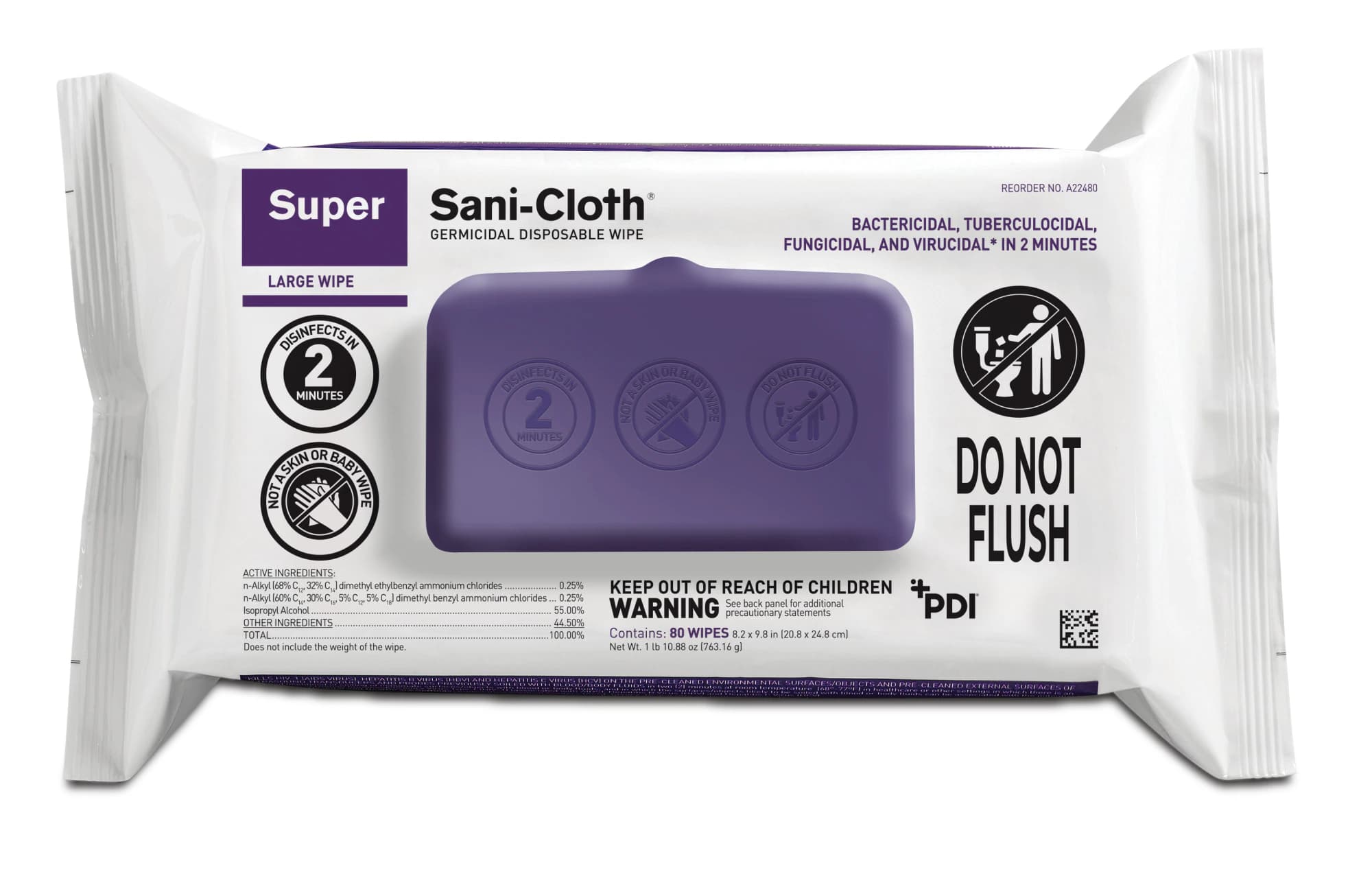 Super Sani-Cloth Germicidal Disposable Wipes, 80 Count Soft Pack, A22480 - Super Sani-Cloth Surface Disinfectant Cleaner Softpack (80 count) - Image 1