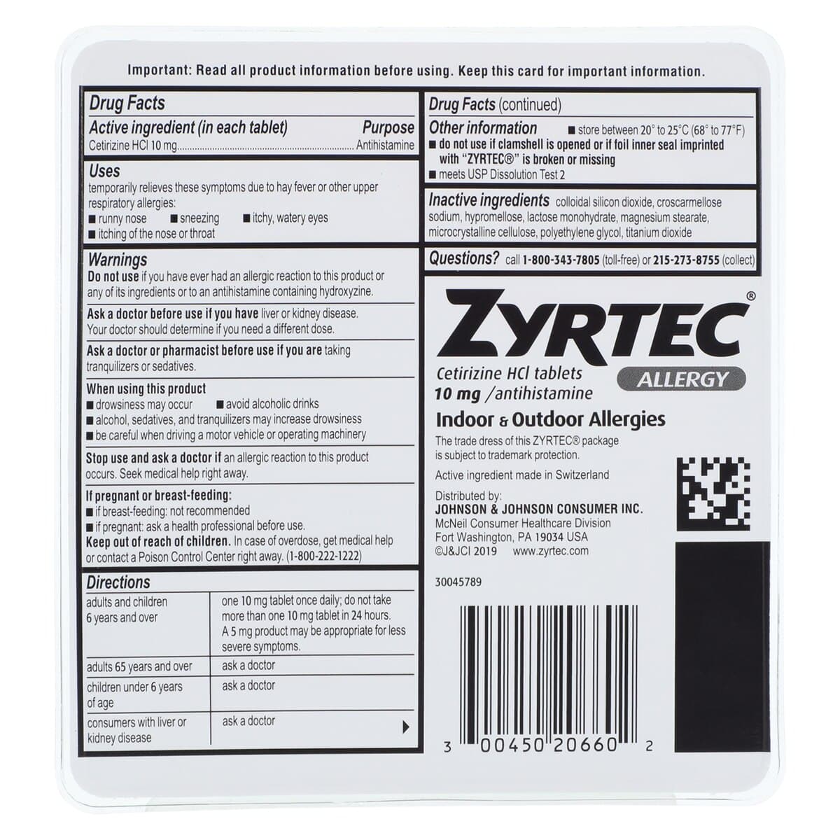 Zyrtec OTC Antihistamine Tablets, 10 mg, 60 Count Bottle thumbnail 2