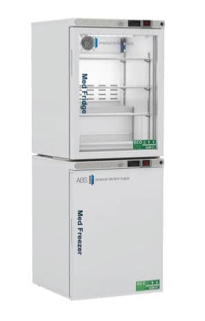 American Biotech Supply Pharmacy Refrigerator/Freezer, 5.2 Cu Ft Refrigerator / 4 Cu Ft Freezer, Glass Door / Solid Door, Right Hinge, 1 to 10°C / -15 to -25°C - Refrigerator/Freezer Pharm Wht - Image 1