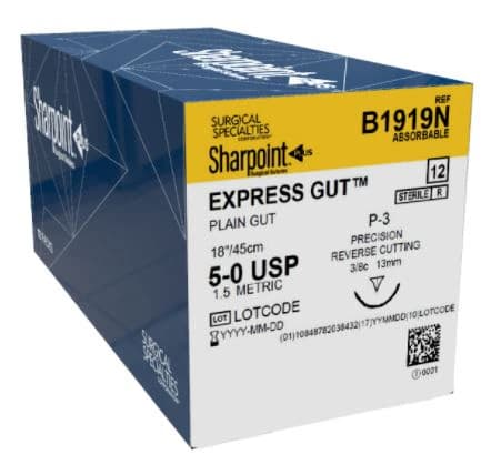 Sharpoint Plus Plain Gut Suture, 5-0, Monofilament, Absorbable, P-3 Precision Reverse Cutting 3/8 Circle Needle, 13mm, Uncoated Natural, 45cm, 12/Box thumbnail 2