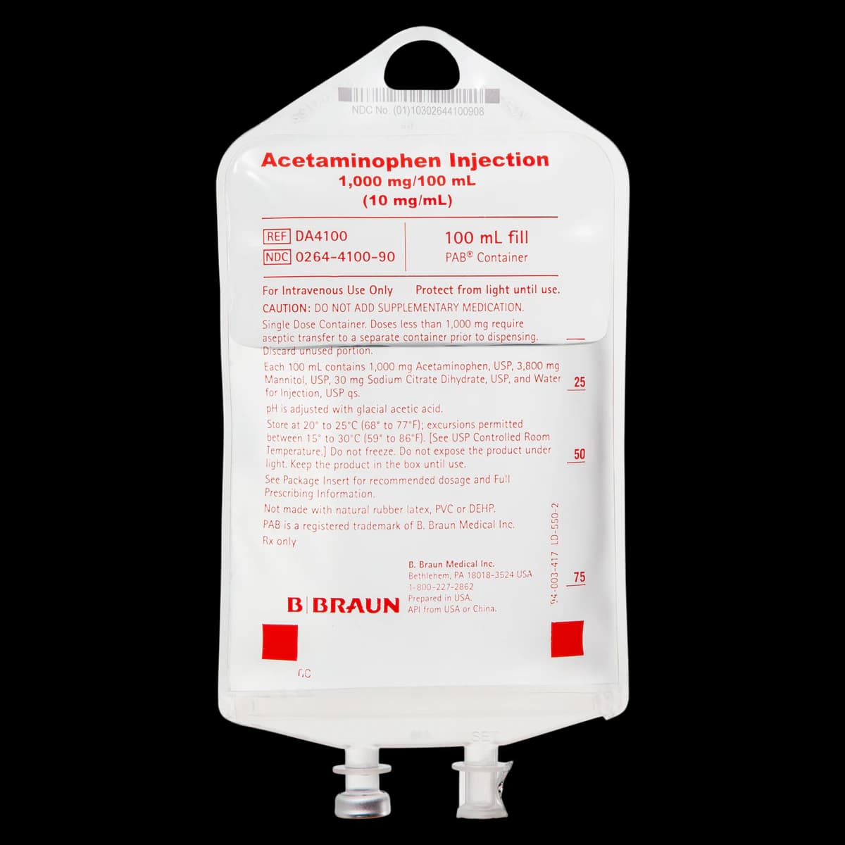 B. Braun Acetaminophen Injection 10 mg/mL, 100 mL IV Bag, 24/Case - Acetaminophen Inj Bag 100mL - Image 1