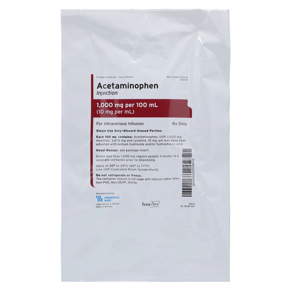 Acetaminophen Injection 10mg/mL, 100mL Bag, 20/Package, Fresenius Kabi - Acetaminophen Inj Bag 100mL - Image 1