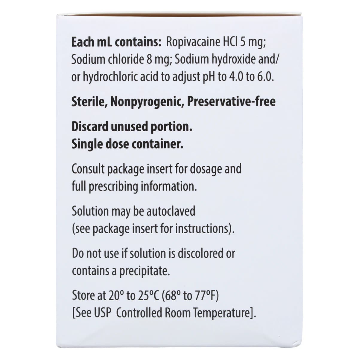 Ropivacaine HCl Injection 0.5% (5 mg/mL), Preservative-Free, Single-Dose Vial, 30 mL, 10/Package thumbnail 5