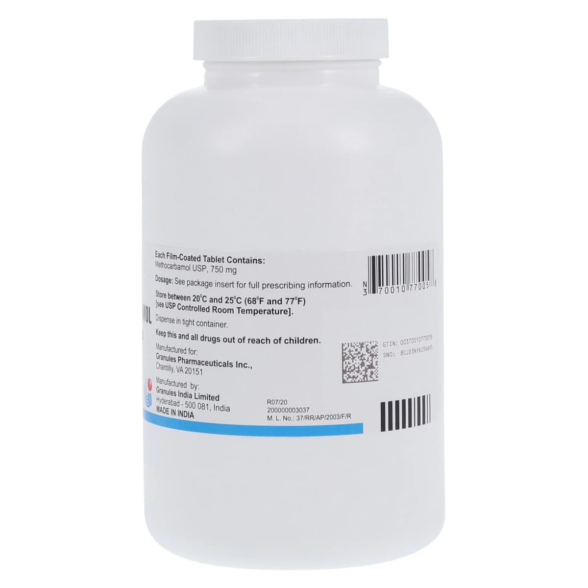 Methocarbamol Tablets, 750mg, 500/Bottle, Granules Pharmaceuticals thumbnail 2