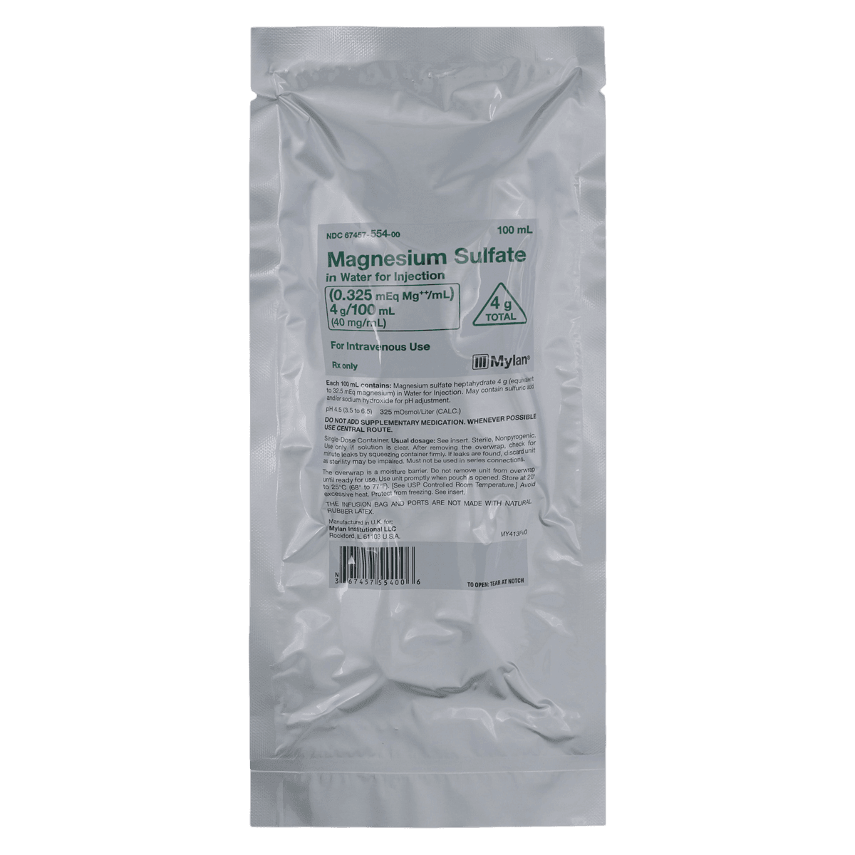 Magnesium Sulfate in Water Injection, 40 mg/mL, 2 g/100 mL IV Bag, 24/Package - Magnesium Sulf in Water F/Inj - Image 1