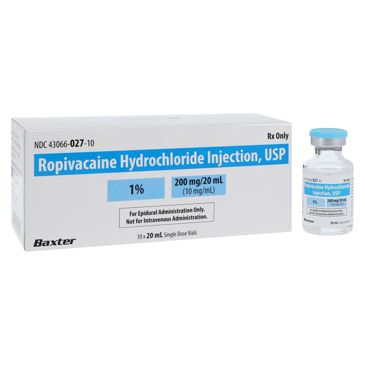 Ropivacaine HCl Injection 1% (10 mg/mL), Preservative-Free, Single-Dose Vial, 20 mL, 10/Package - Ropivacaine Inj SDV 20ml - Image 1