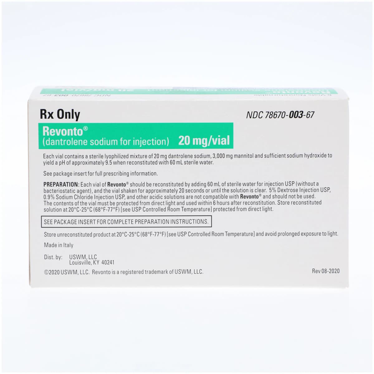 Revonto (Dantrolene) Injection 20mg Vial, 60mL, 6/Package thumbnail 3