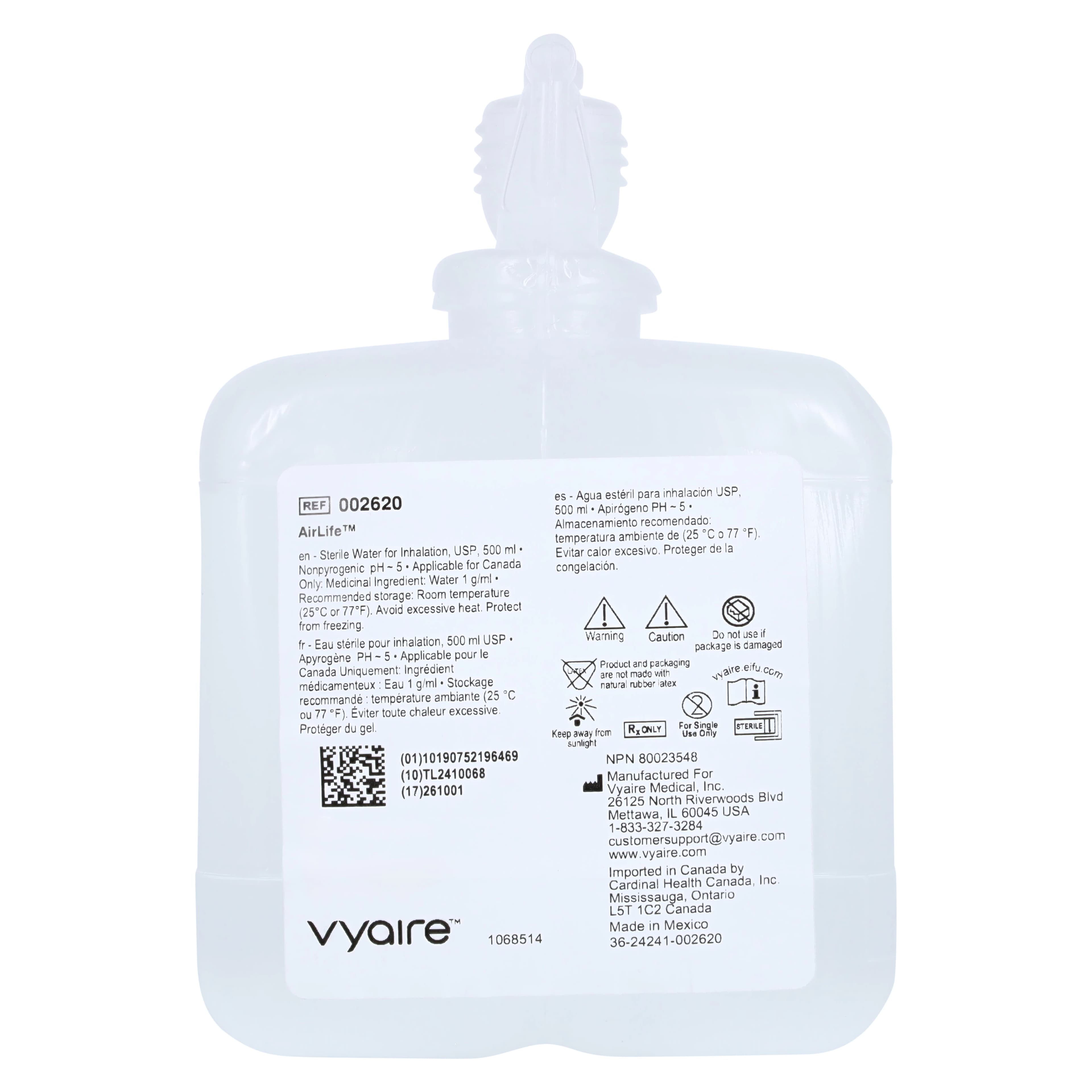SunMed AirLife Humidifier System, 500 mL Sterile Water, Clear, with Adapter, 12/Case - Humidifier Sys AirLife - Image 1