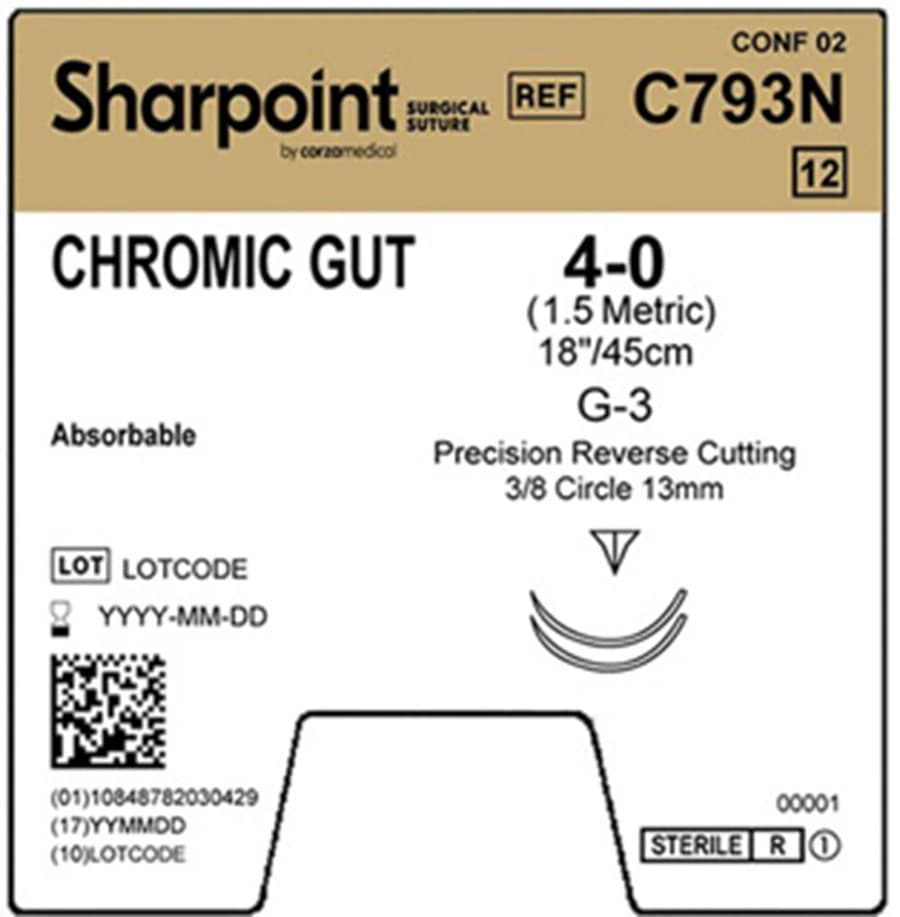 Sharpoint Plus Chromic Gut Suture, 4-0, 1x18", Monofilament, Absorbable, G-3 Precision Reverse Cutting 3/8 Circle Needle 13mm, Natural, 12/Box - Suture Chromic Gut 2 Arm G-3 - Image 1