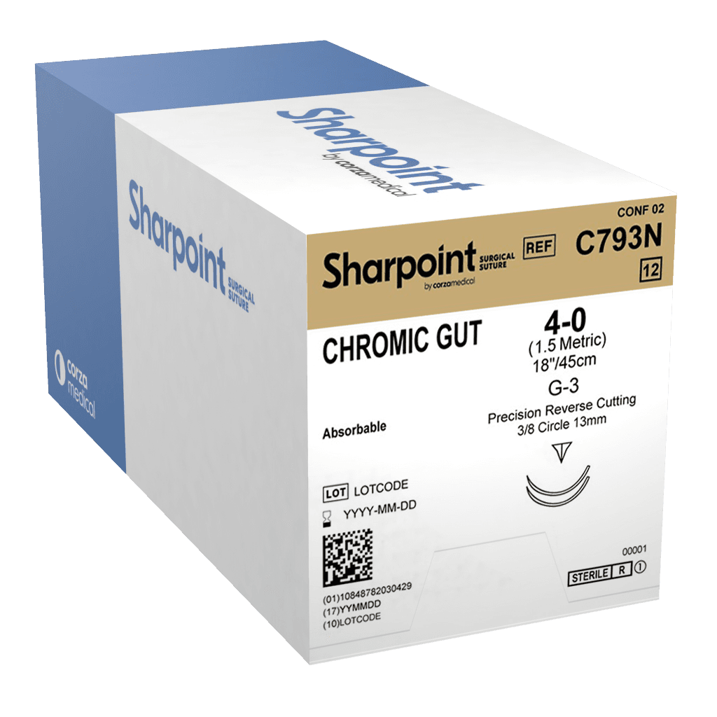 Sharpoint Plus Chromic Gut Suture, 4-0, 1x18", Monofilament, Absorbable, G-3 Precision Reverse Cutting 3/8 Circle Needle 13mm, Natural, 12/Box thumbnail 2