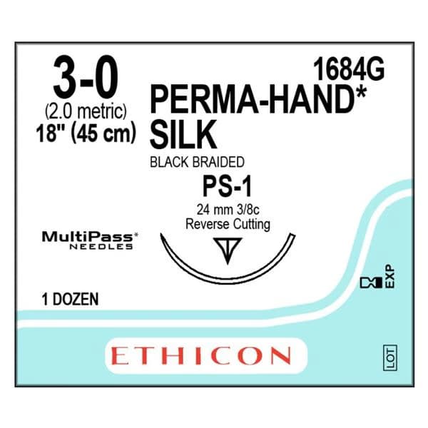 Sharpoint Silk Braided Suture 3-0, 18" Non-Absorbable, PS-1 Precision Reverse Cutting 3/8 Circle Needle 24mm, Black, 12/Box - Suture Silk Braided 3-0 PS-1 - Image 1
