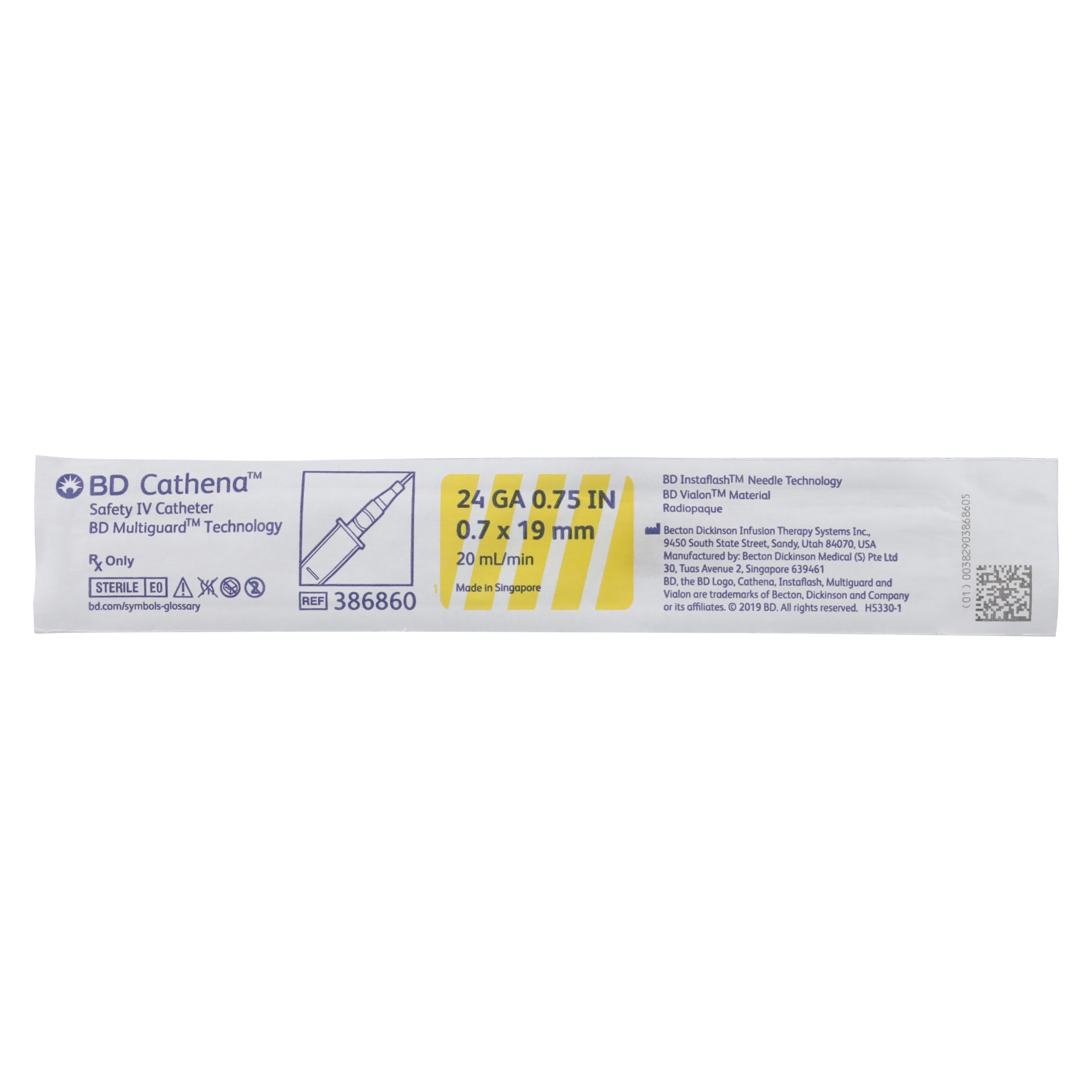 BD Cathena Safety IV Catheter, 24 Gauge, 0.75" (19 mm), Yellow, Shielded, 50/Box thumbnail 2