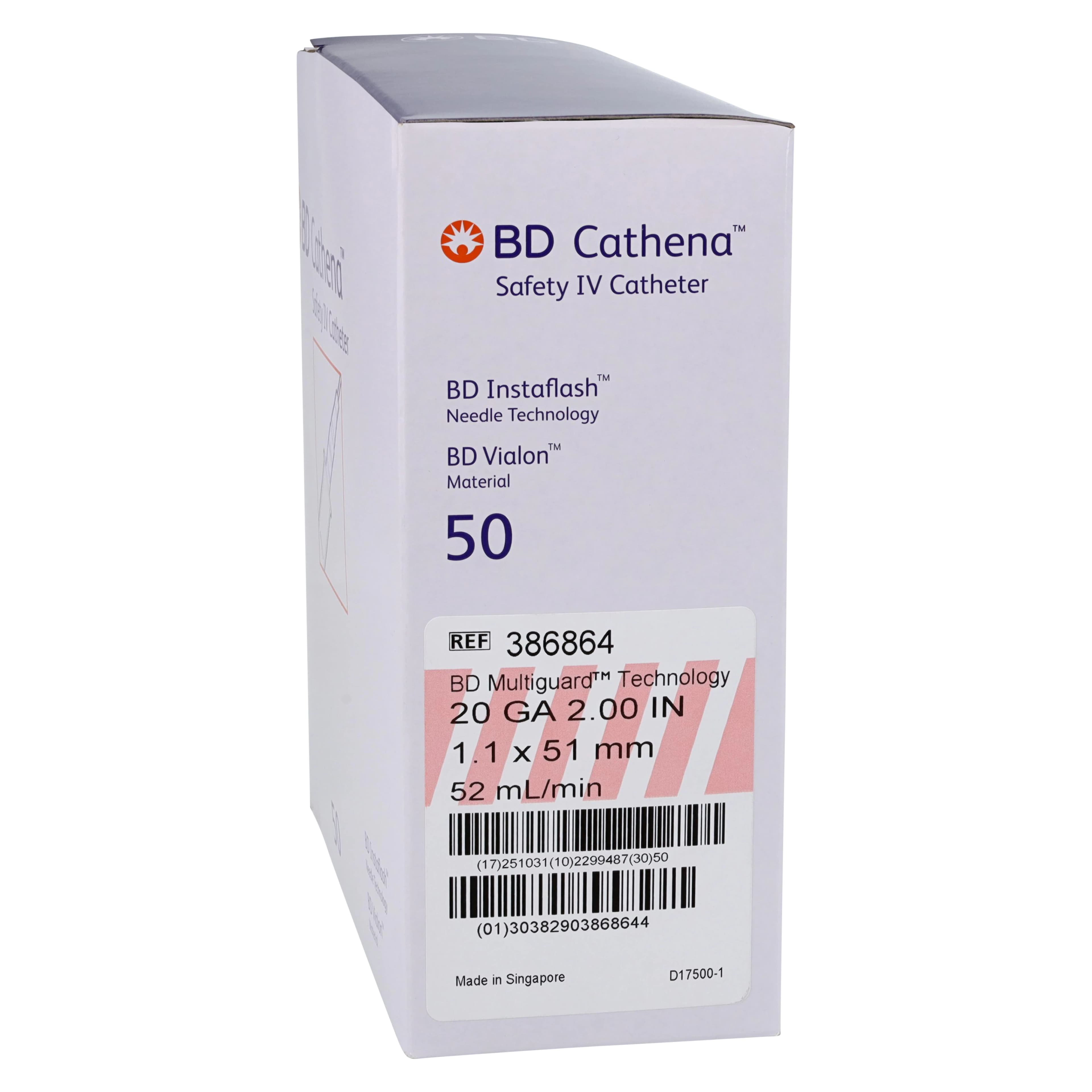 BD Cathena Safety IV Catheter, 20 Gauge, 2" Length, Pink, Shielded, 50/Box - Cathena Safety IV Catheter - Image 1