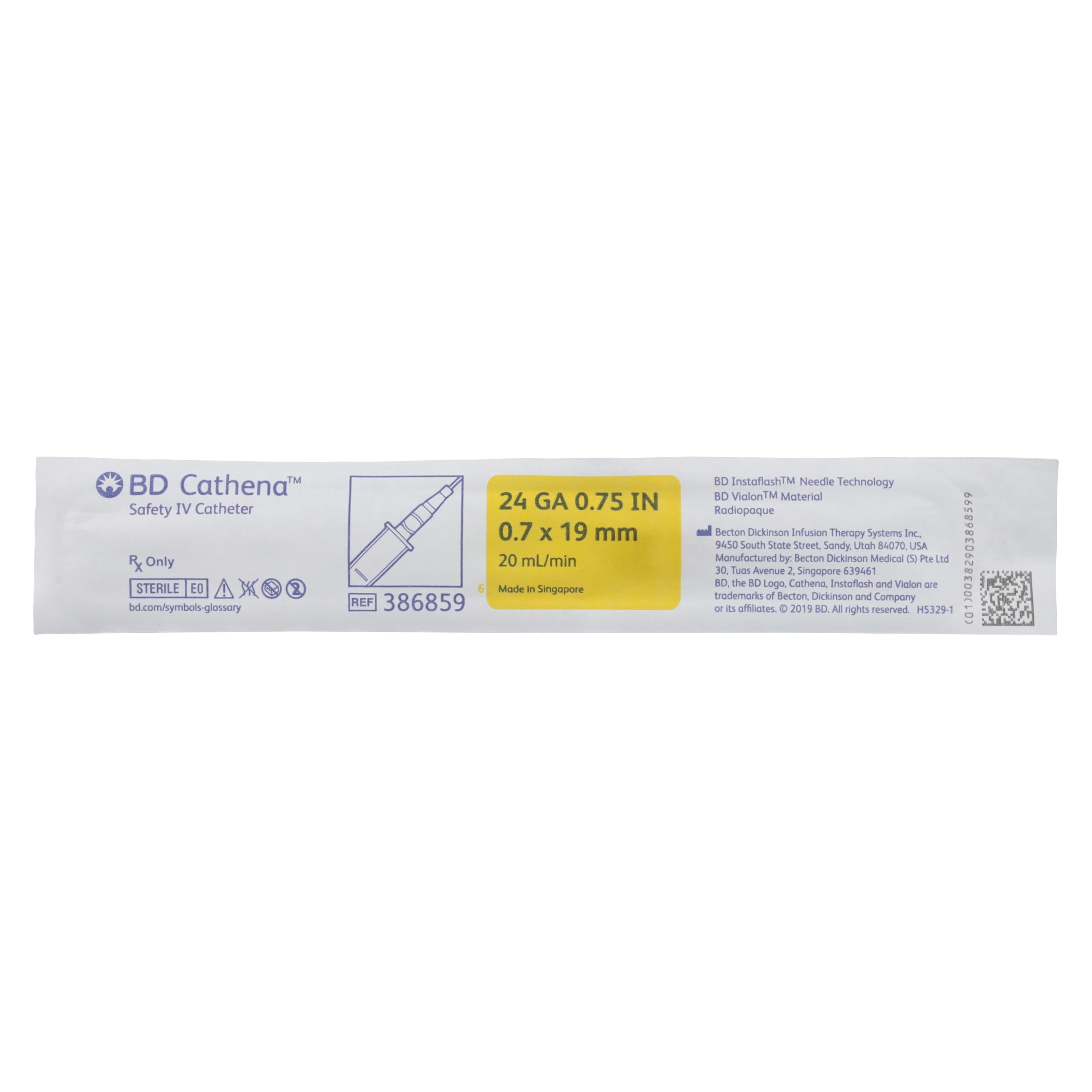 BD Cathena Safety IV Catheter, 24 Gauge x 0.75", Yellow, Shielded, 50/Box thumbnail 2