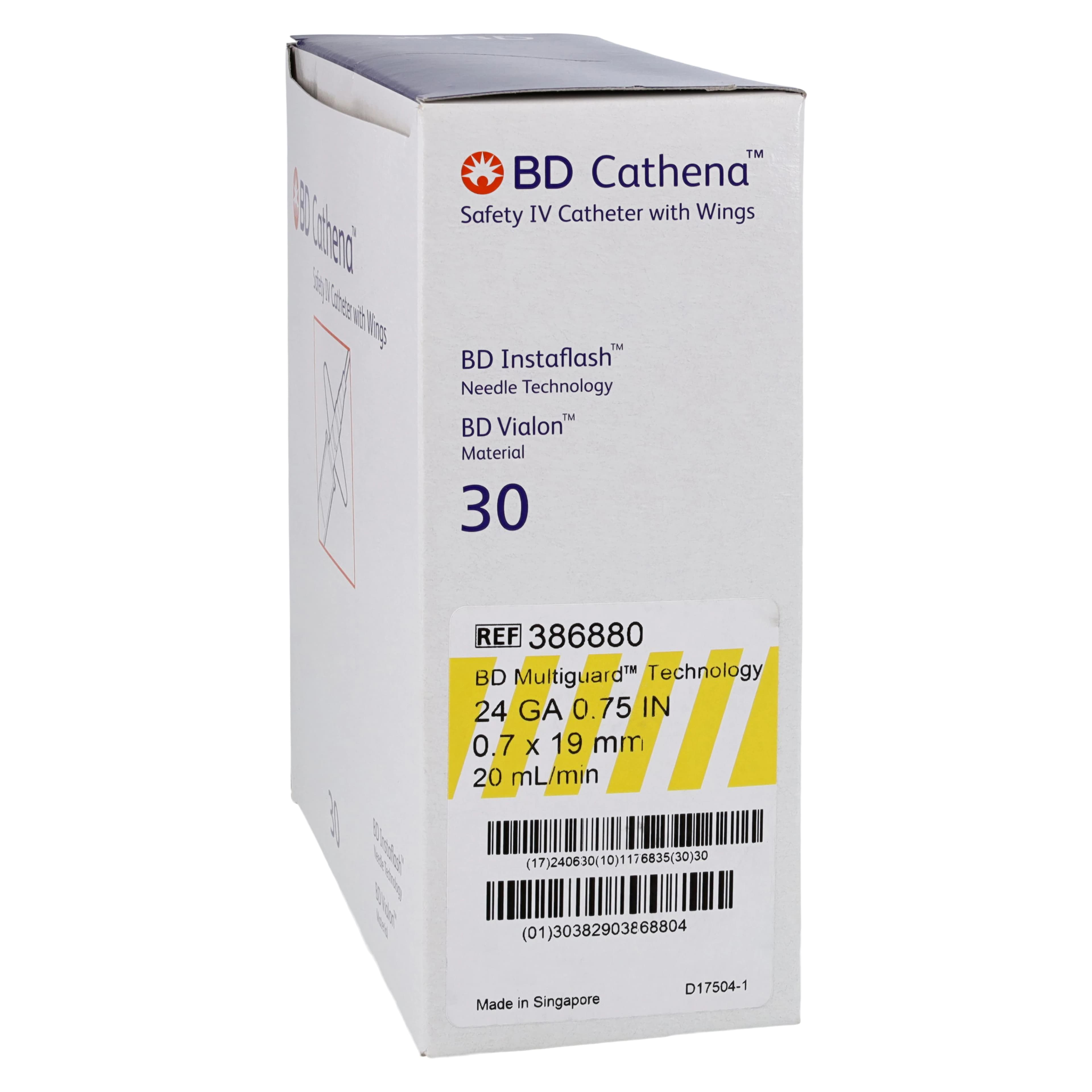 BD Cathena Safety IV Catheter with Wings, 24 Gauge, 0.75" (19 mm), Yellow, 30/Box - Cathena Safety IV Catheter Win - Image 1