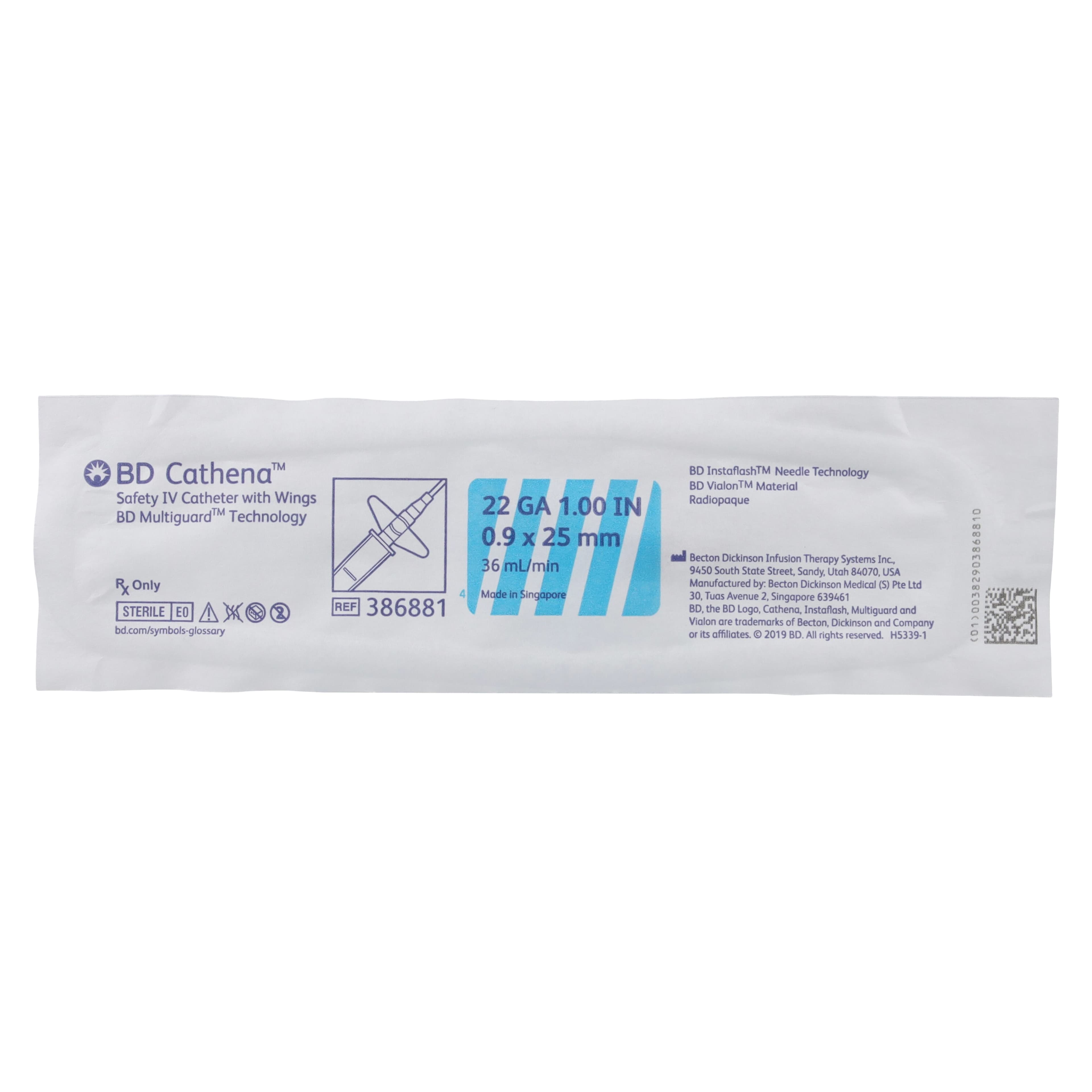 BD Cathena Safety IV Catheter with Wings, 22 Gauge, 1 Inch, Blue, 30/Box thumbnail 2