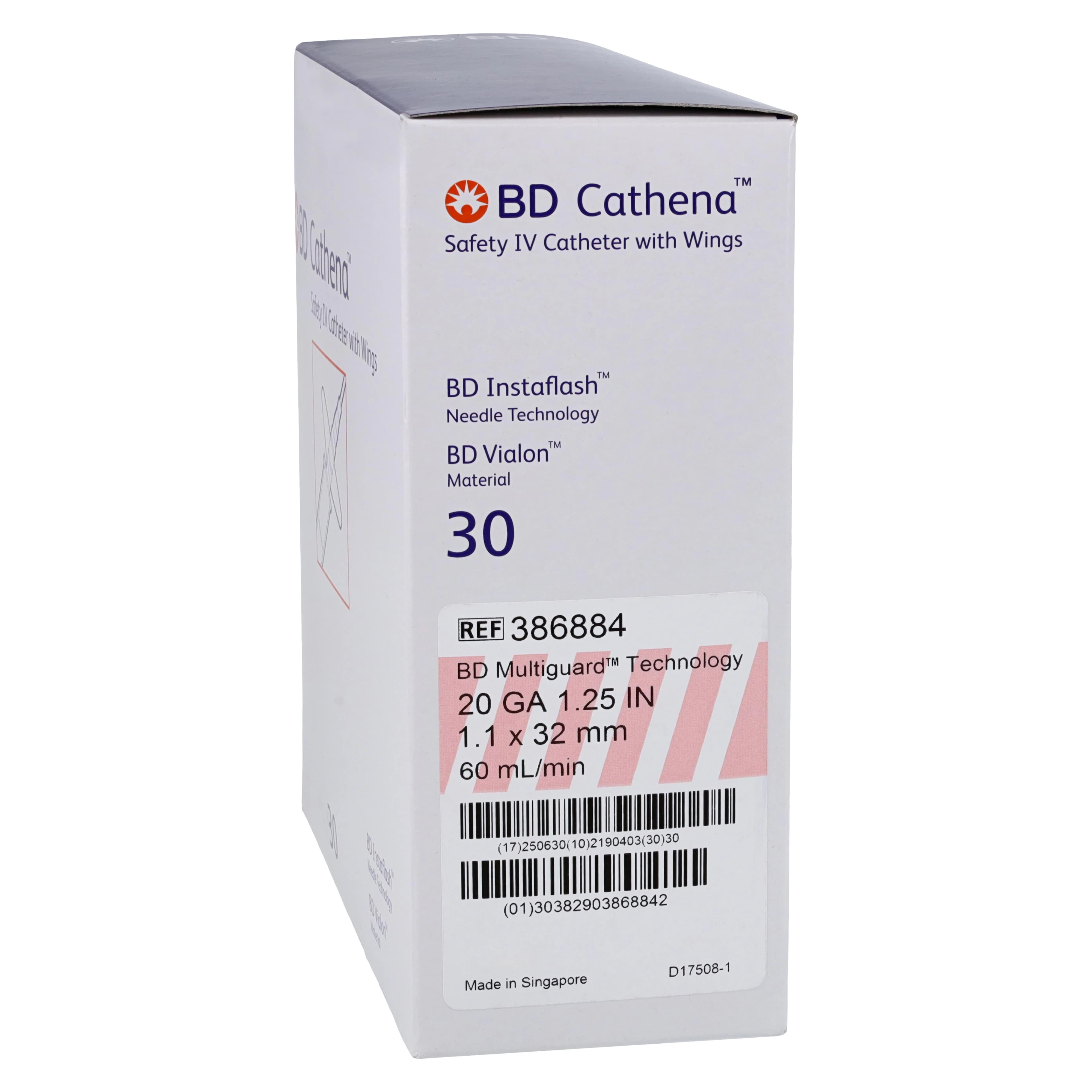 BD Cathena Safety IV Catheter with Wings, 20 Gauge, 1-1/4" Pink, 30/Box - Cathena Safety IV Catheter Win - Image 1