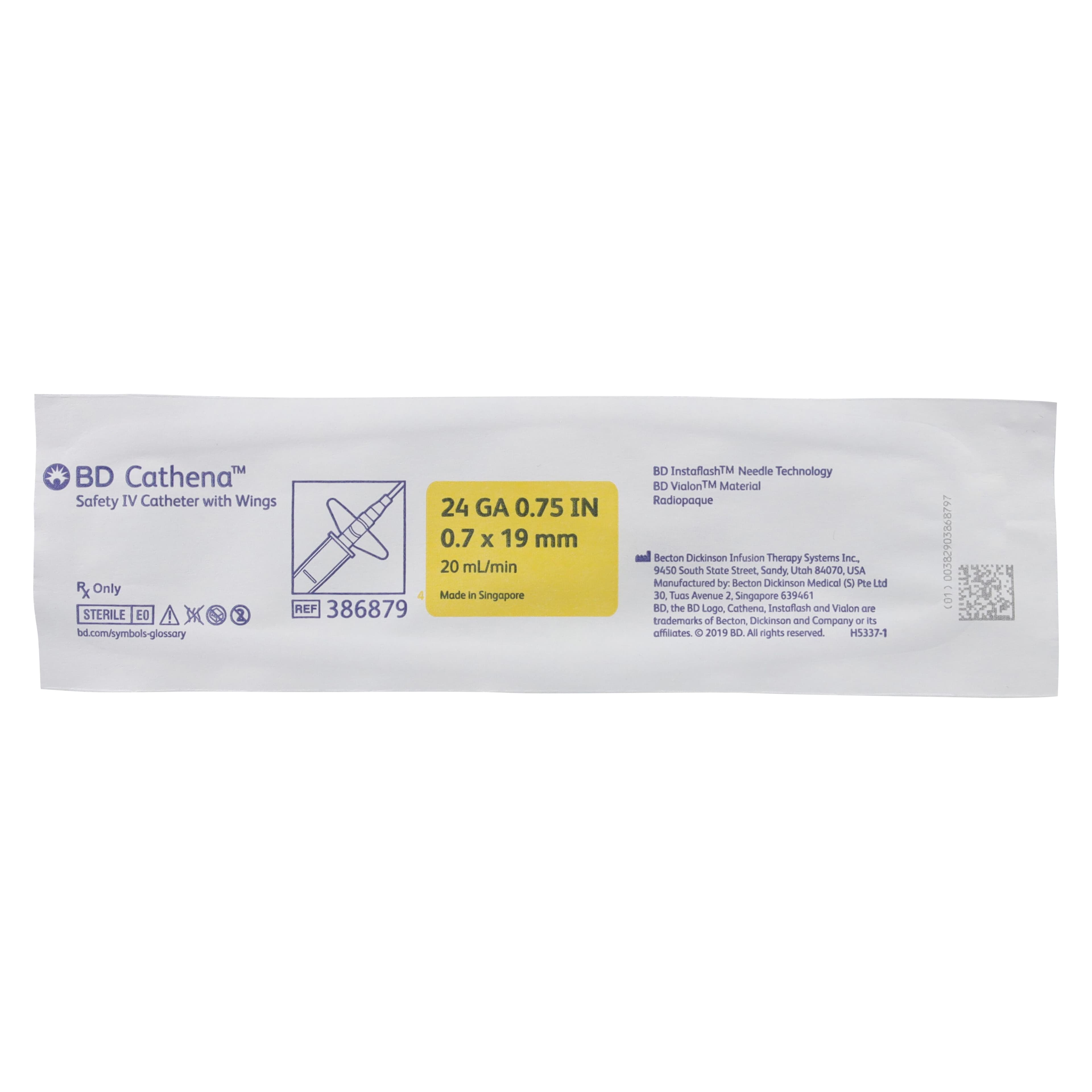 BD Cathena Safety IV Catheter with Wings, 24 Gauge, 0.75" (19 mm), Yellow, 30/Box thumbnail 2