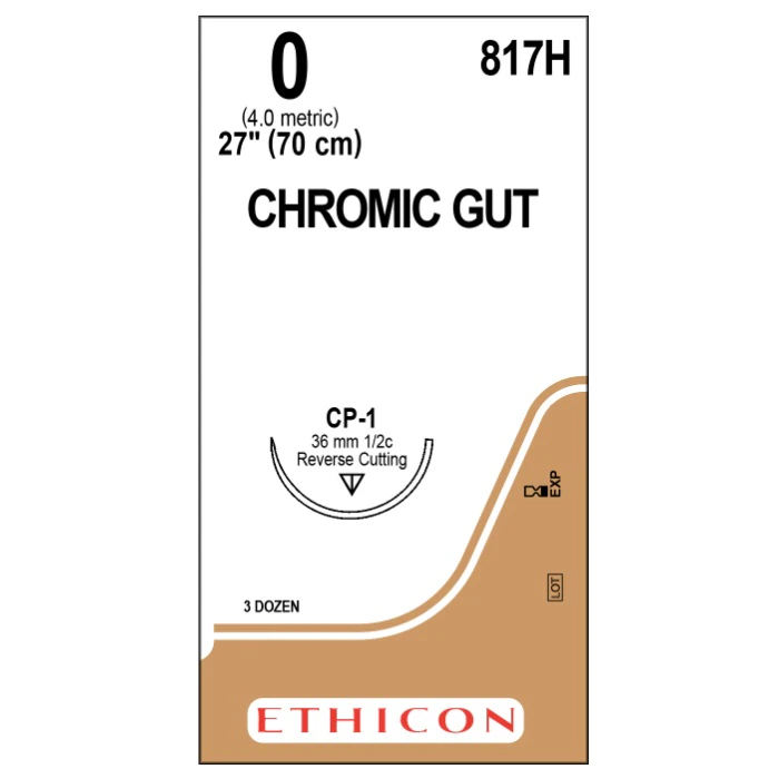 Ethicon Chromic Gut Surgical Suture, Size 0, 27", CP-1 Reverse Cutting 1/2 Circle Needle, 36/Bx, 817H - ETHICON SURGICAL GUT SUTURE - CHROMIC 817H - Image 1