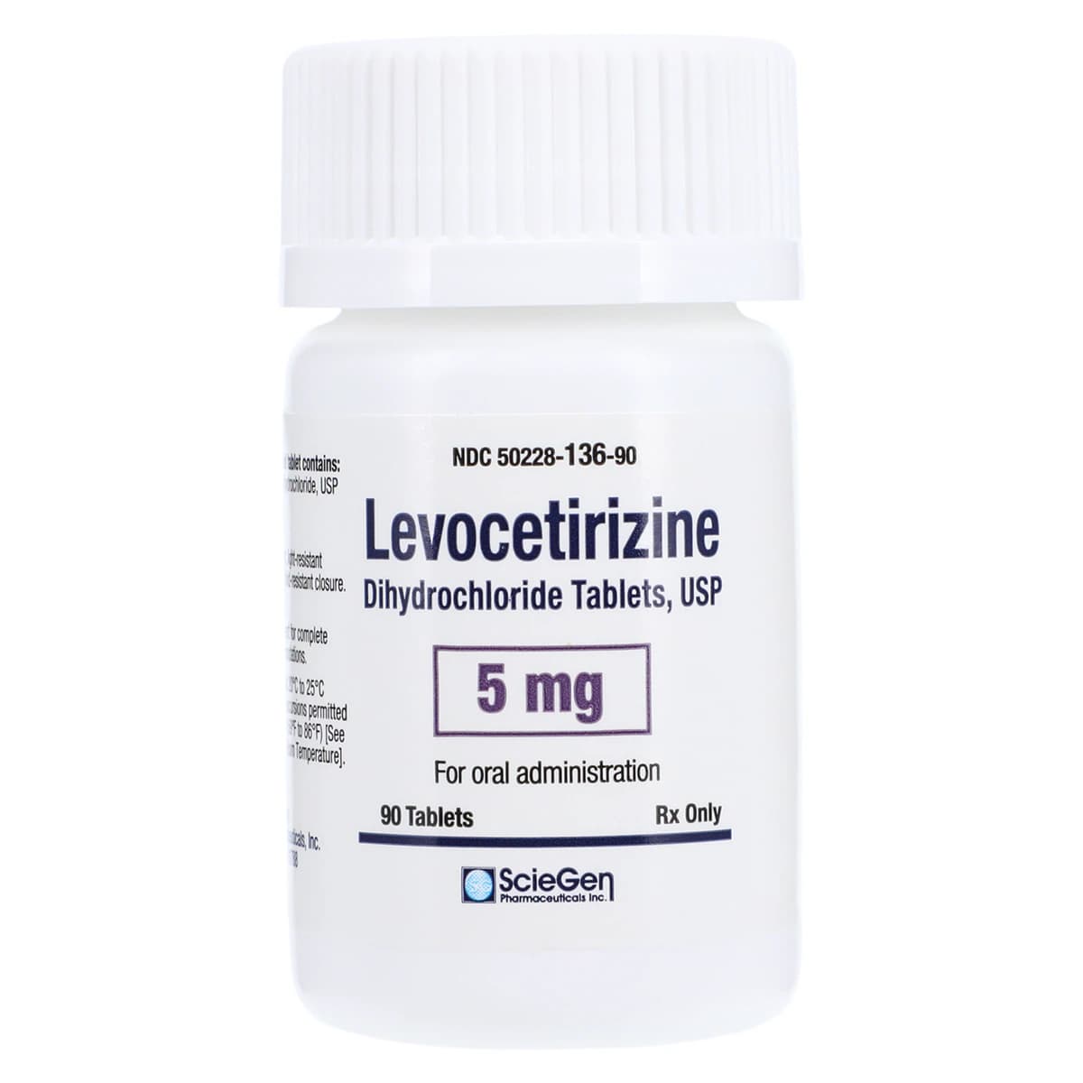 Levocetirizine Dihydrochloride Tablets 5mg, 90 Count Bottle (Sciegen Pharmaceuticals) - Levocetirizine DIHCL Tablets - Image 1