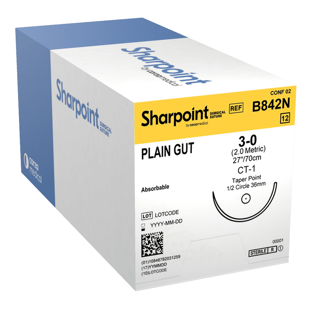 Suture Plain Gut Monofilament 3-0, 27", CT-1 Taper Point 1/2 Circle Needle 36mm, Uncoated Natural, 12/Box thumbnail 2