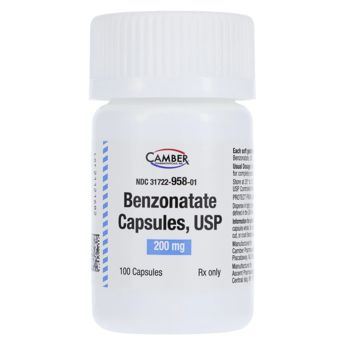 Benzonatate Capsules 200mg, 100 Count Bottle (Camber Pharmaceuticals) - Benzonatate Capsules - Image 1