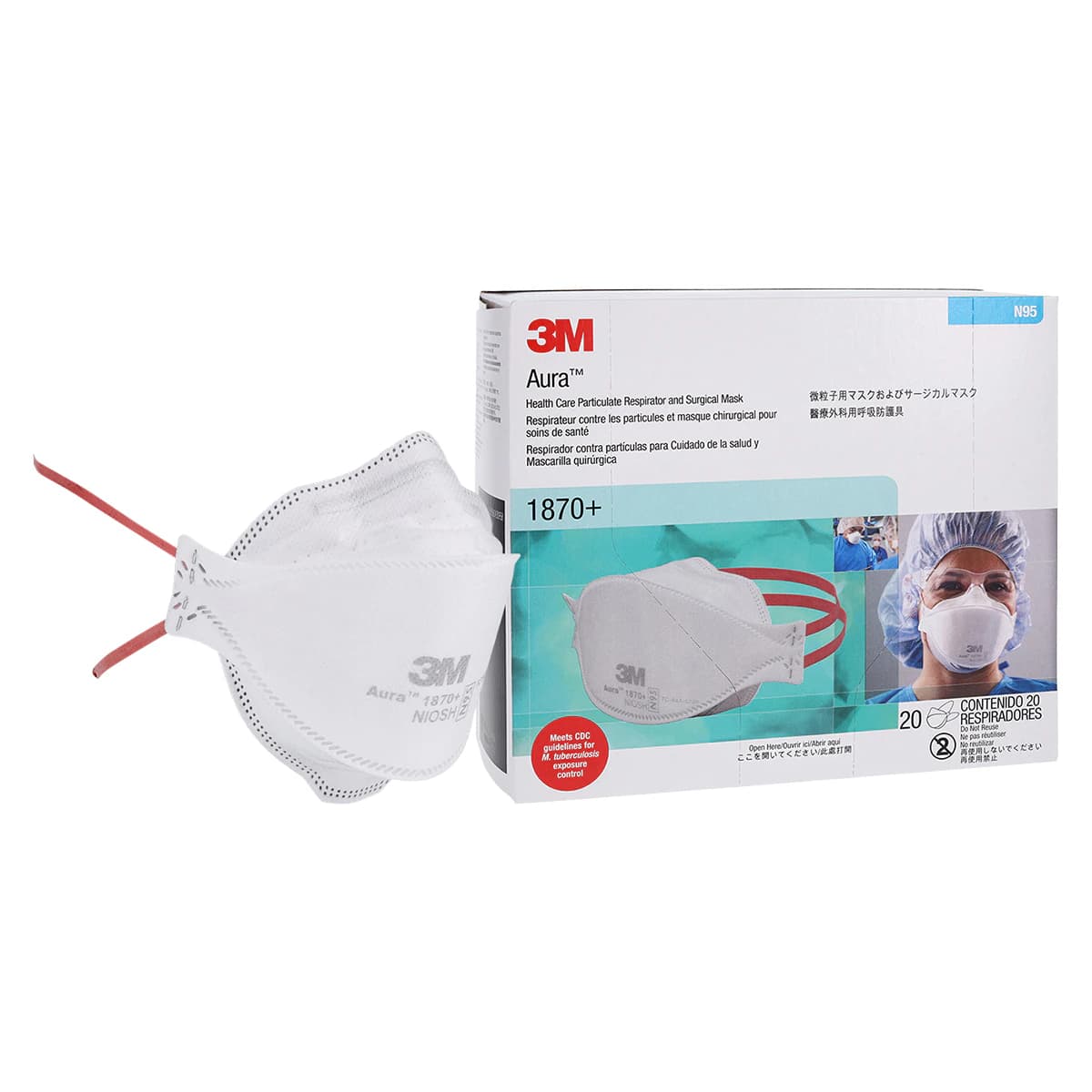 3M Aura 1870+ N95 Health Care Particulate Respirator and Surgical Mask, Flat Fold, White, 20/Box - Aura™ Health Care Particulate Respirator and Surgical Mask, Particulate Respirator and Surgical Mask, 20/Box, 1870+ - Image 1