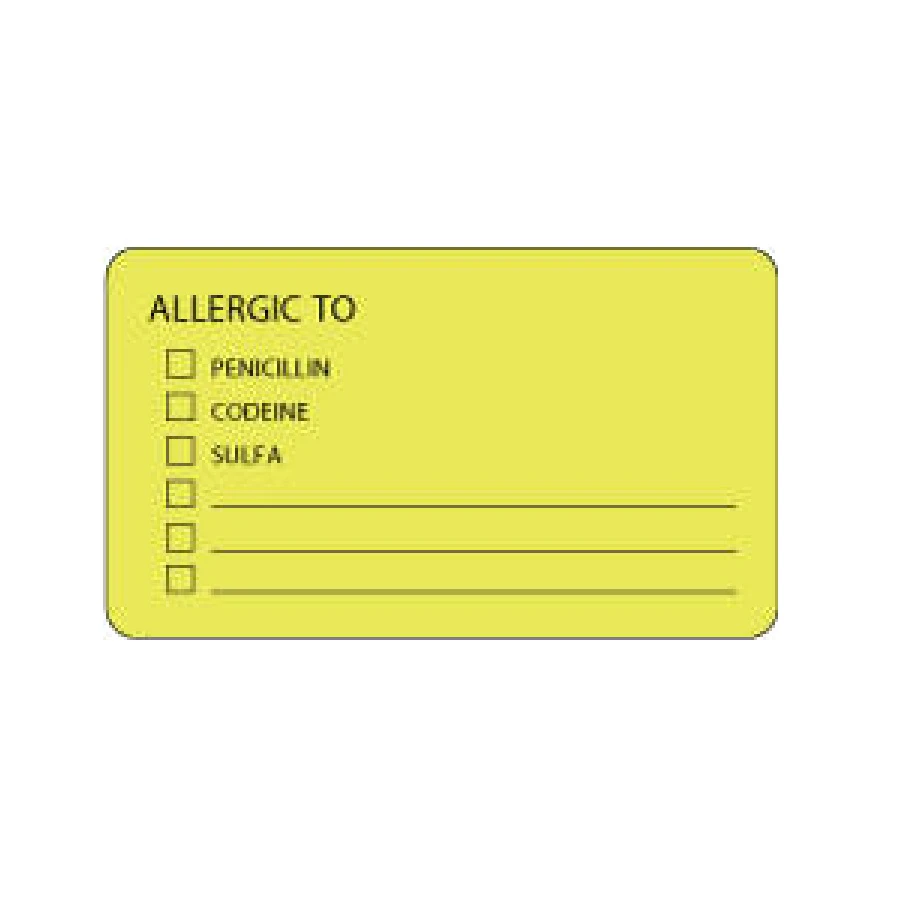 Chart Label Paper, Allergic To Penicillin/Codeine/Sulfa, Fluorescent Yellow, 3" x 1-3/4", 500/Roll - Label Chart Perm Alergic To - Image 1