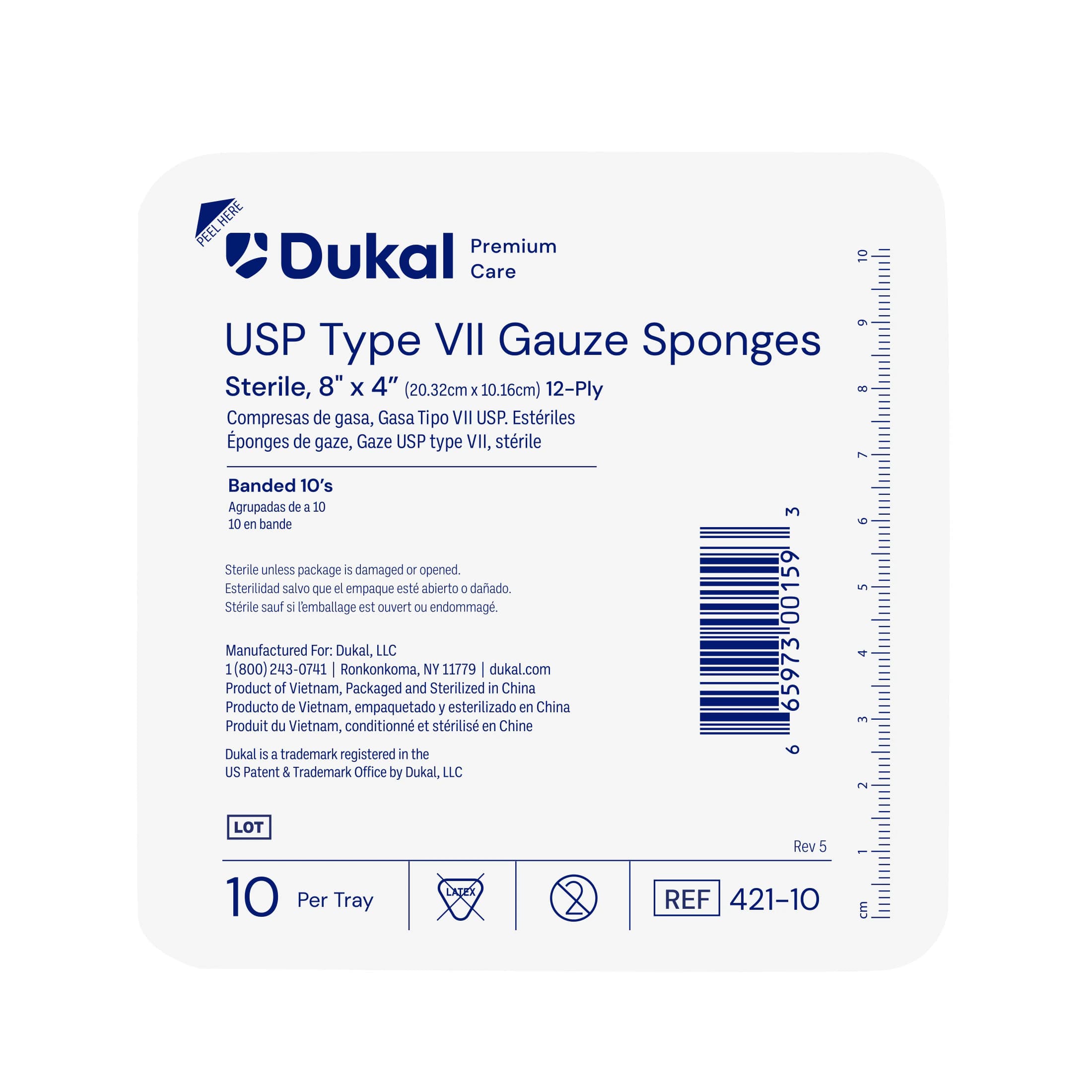 Dukal Premium Care Sterile Gauze Sponge, 8x4", 12 Ply, USP Type VII, 100% Woven Cotton - Gauze Sponge Type VII ST 12Ply - Image 1