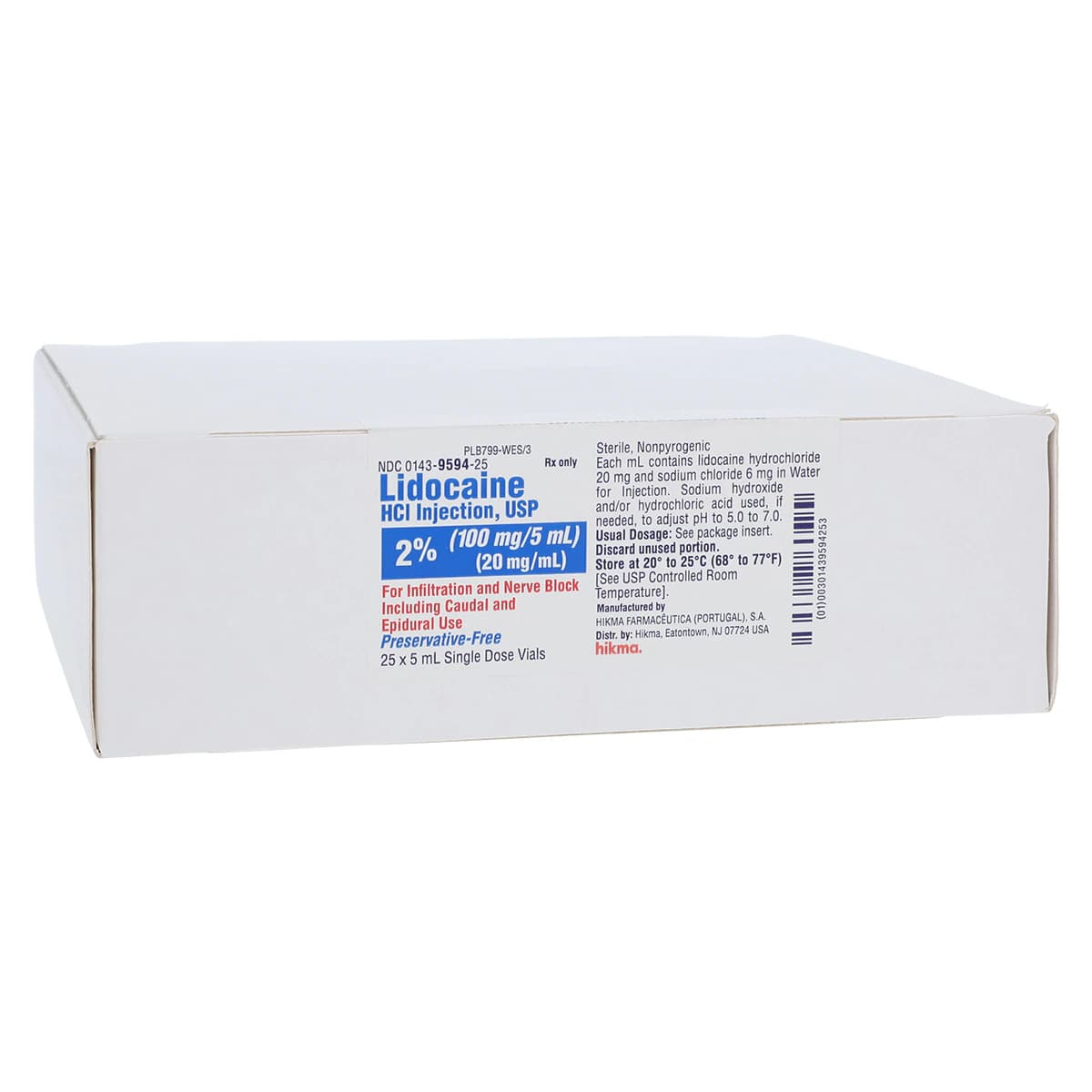 Lidocaine HCl Injection 2% Preservative-Free, Single-Dose Vial, 5 mL, 25/Package - Lidocaine HCl Inj SDV PF 5mL - Image 1