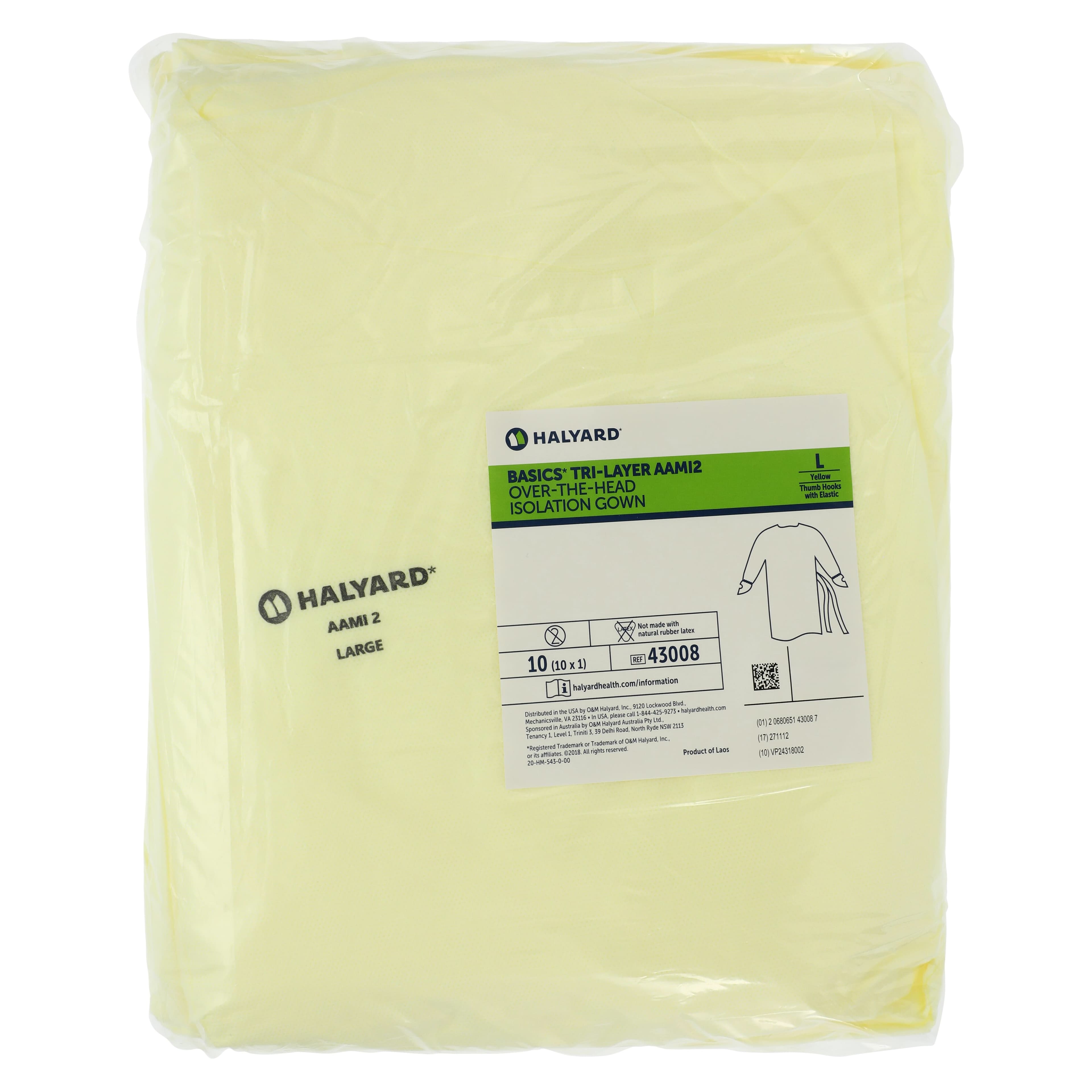 Halyard AAMI Level 2 Isolation Gown, 3-Layer SMS, Large, Yellow, Full Back, Over-the-Head/Waist Ties, Elastic Cuffs with Thumb Hook, 100/Case thumbnail 6